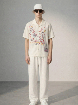 Mens white Cuban collar shirt with artistic music themed embroidery, handmade cotton linen resort shirt with gramophone and musical elements design