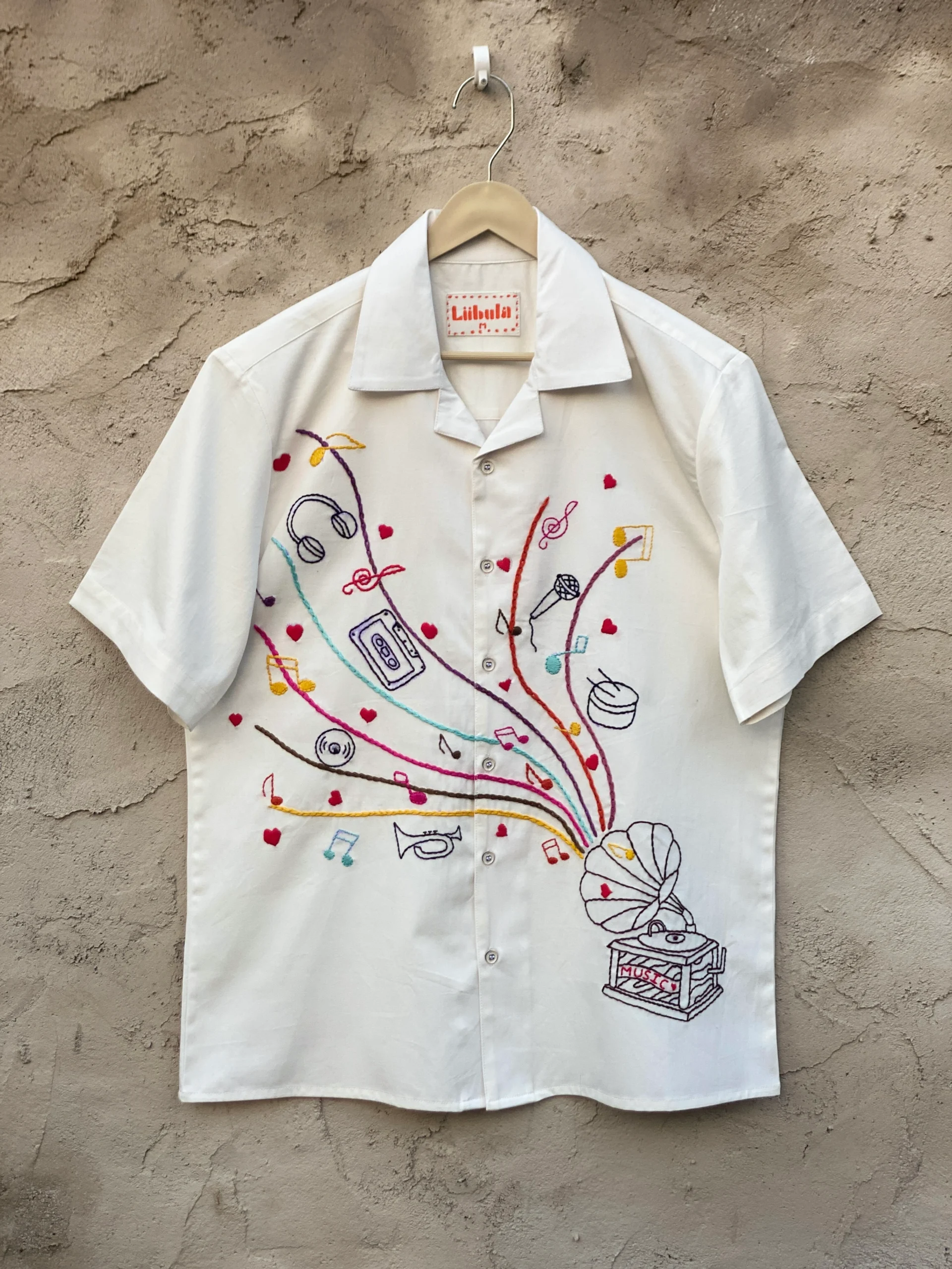 Handmade 100% cotton Cuban collar shirt with colorful music-themed embroidery by Liibula