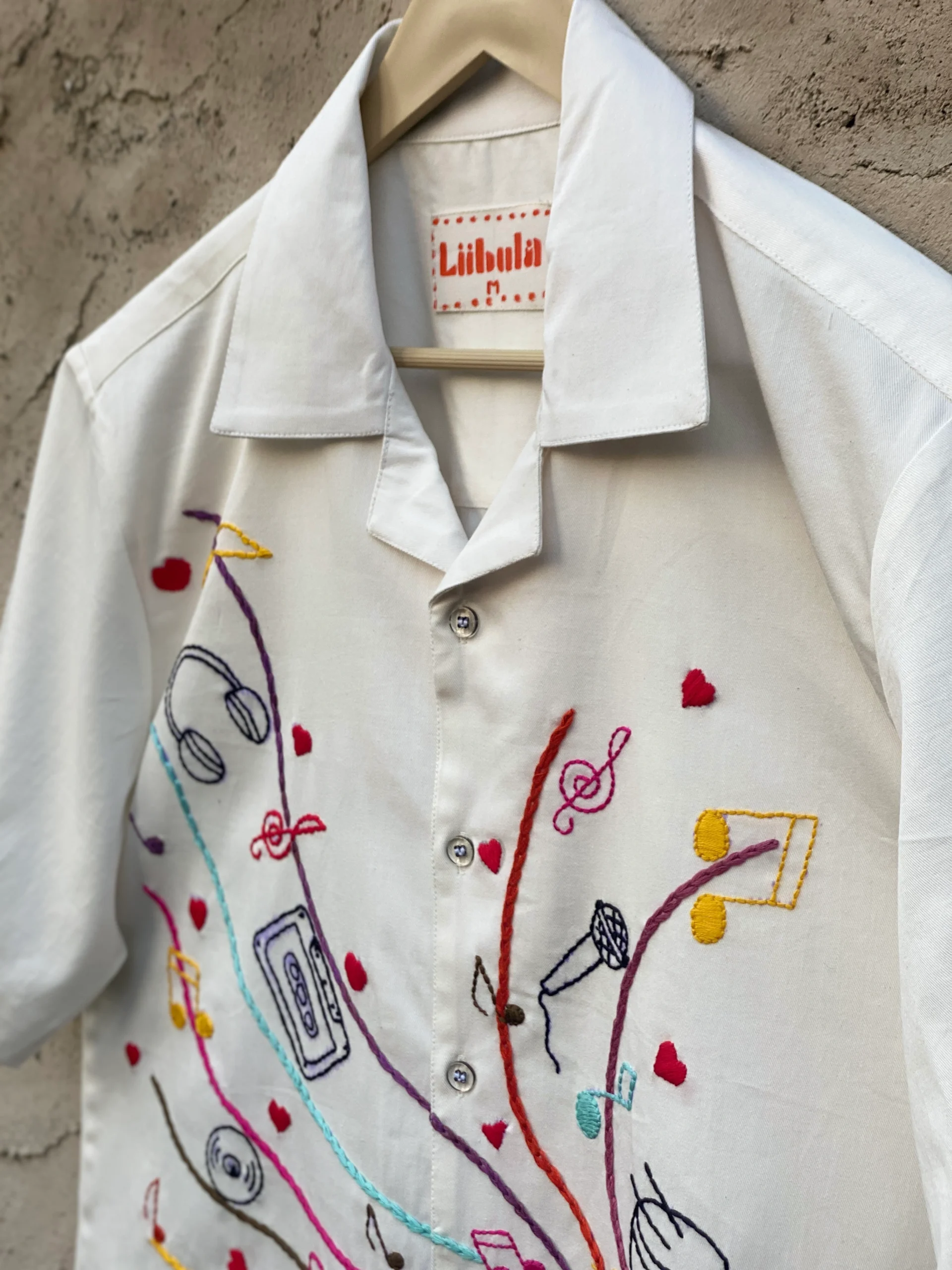 Handmade 100% cotton Cuban collar shirt with colorful music-themed embroidery by Liibula