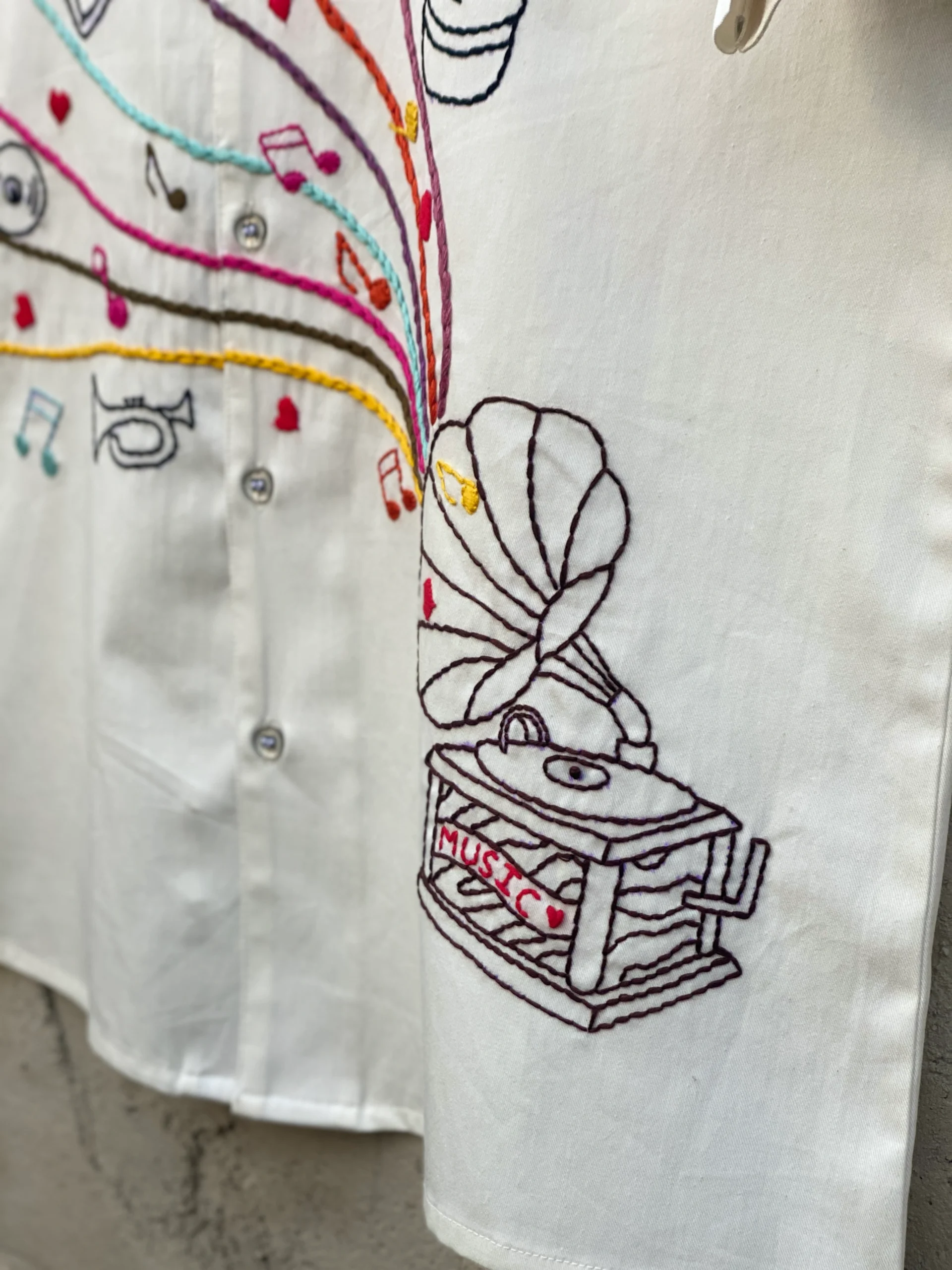 Handmade 100% cotton Cuban collar shirt with colorful music-themed embroidery by Liibula