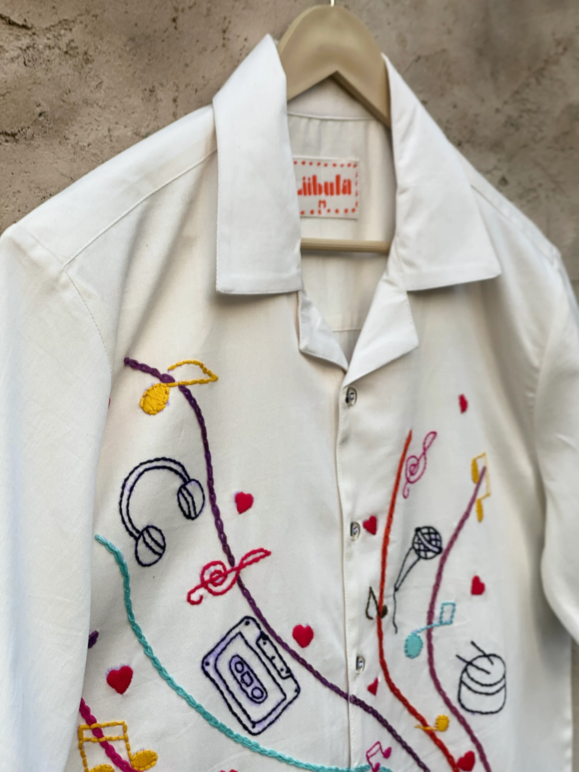 Handmade 100% cotton Cuban collar shirt with colorful music-themed embroidery by Liibula