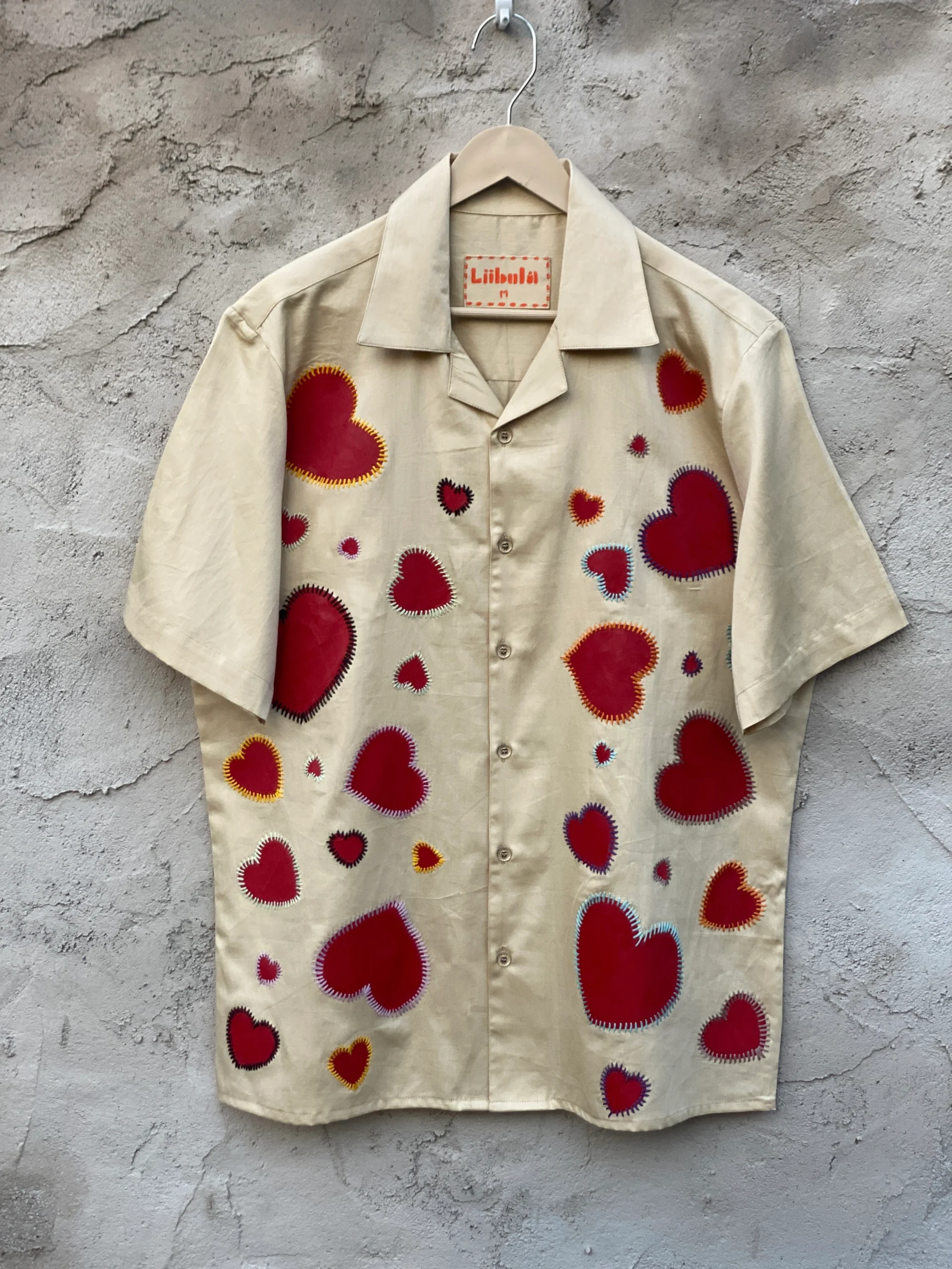 Handmade 100% cotton Cuban collar shirt with red heart hand print and embroidery by Liibula