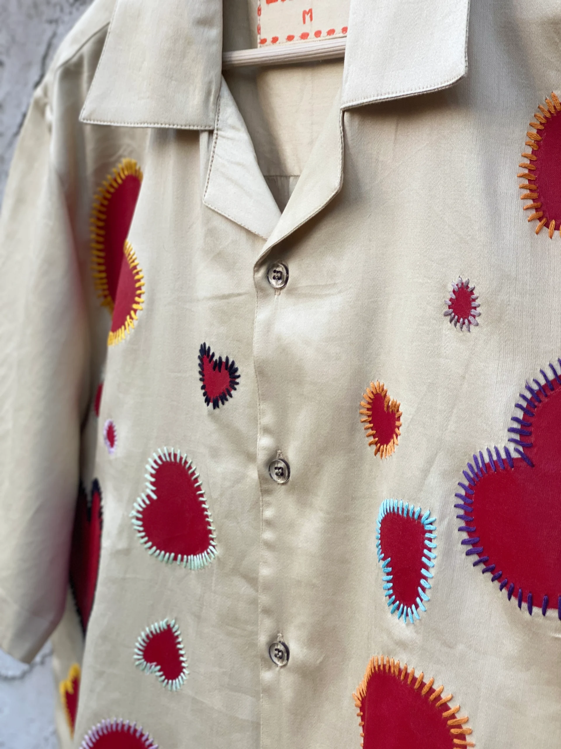 Handmade 100% cotton Cuban collar shirt with red heart hand print and embroidery by Liibula