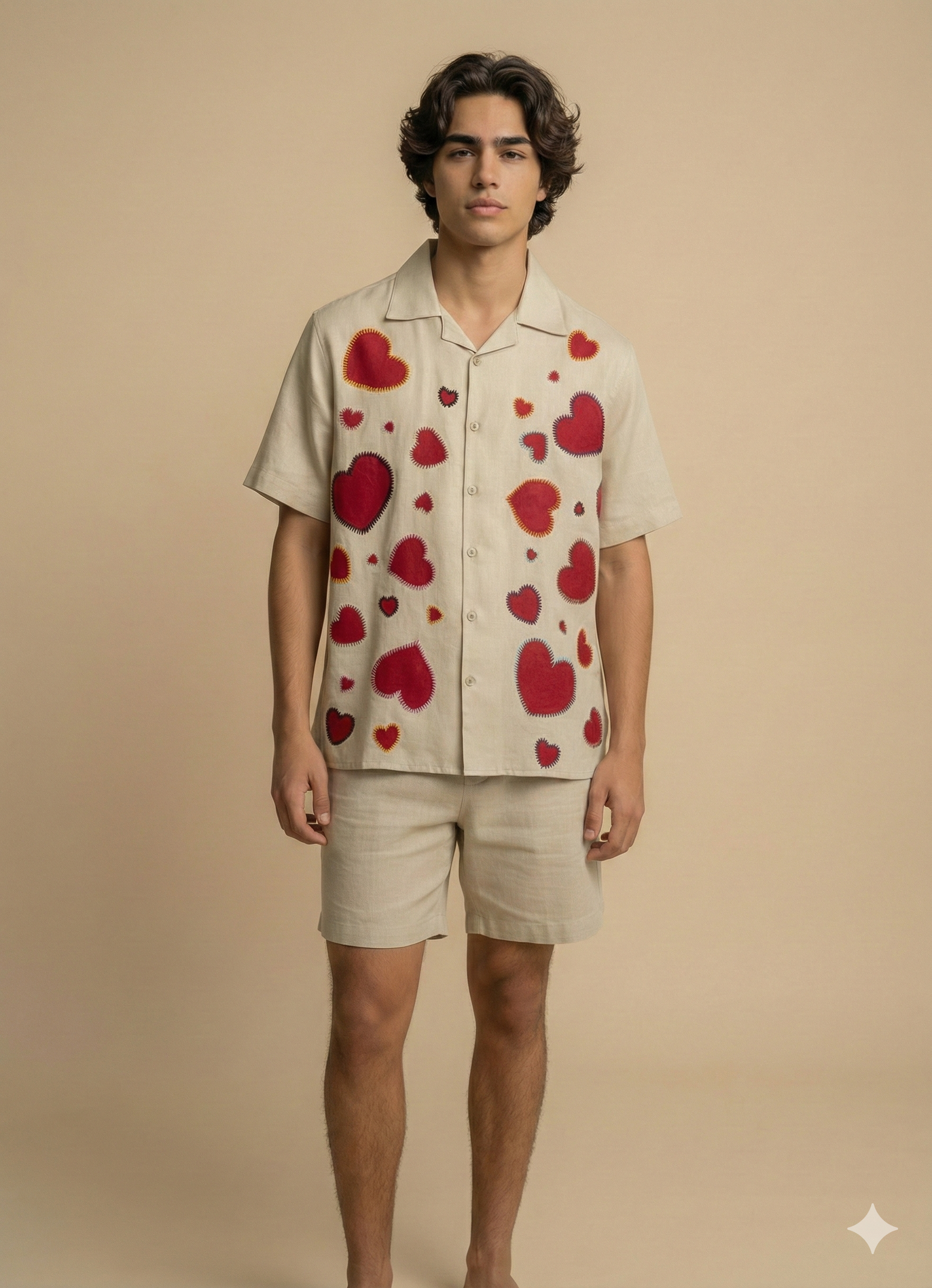 Mens beige Cuban collar shirt with red heart embroidery, handmade cotton linen resort shirt for summer vacation, beach wear and romantic outfit styling