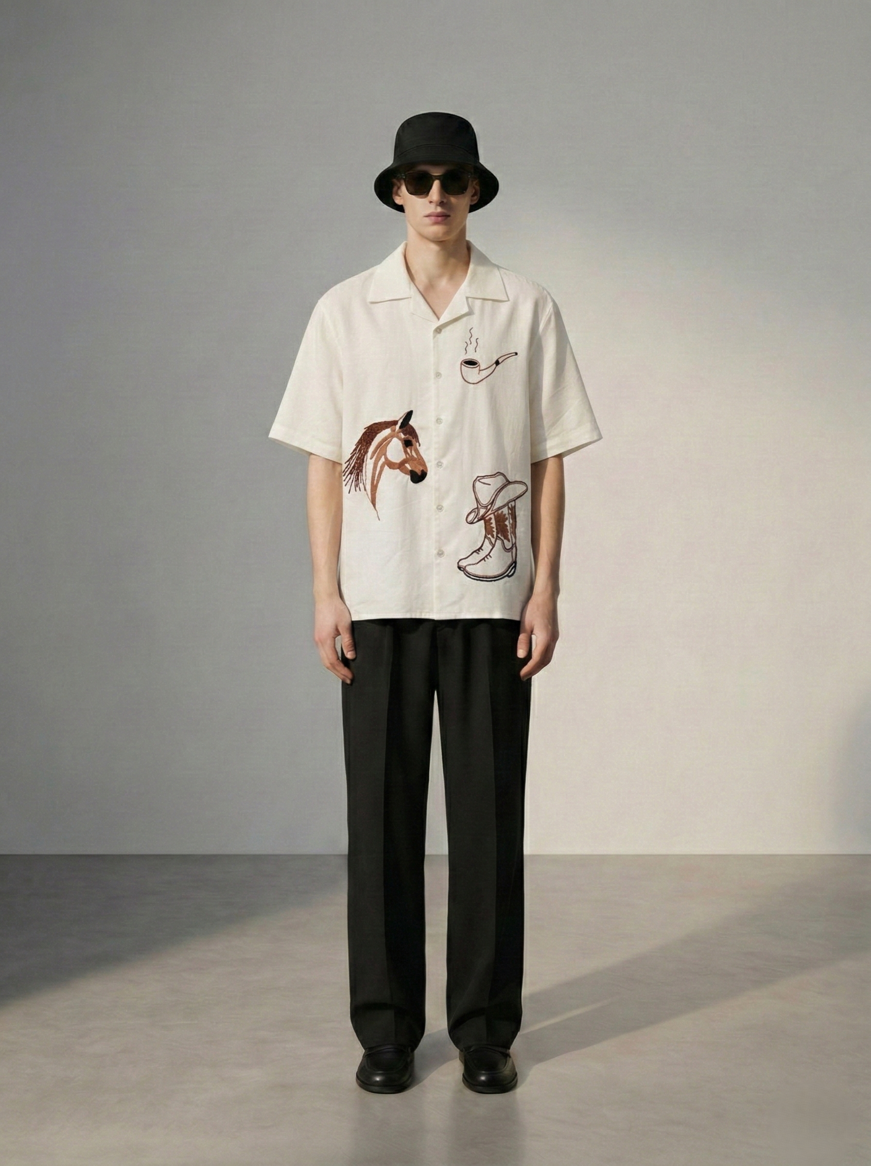 Mens white Cuban collar shirt with western cowboy embroidery including horse and boots design, handmade linen shirt for summer resort wear