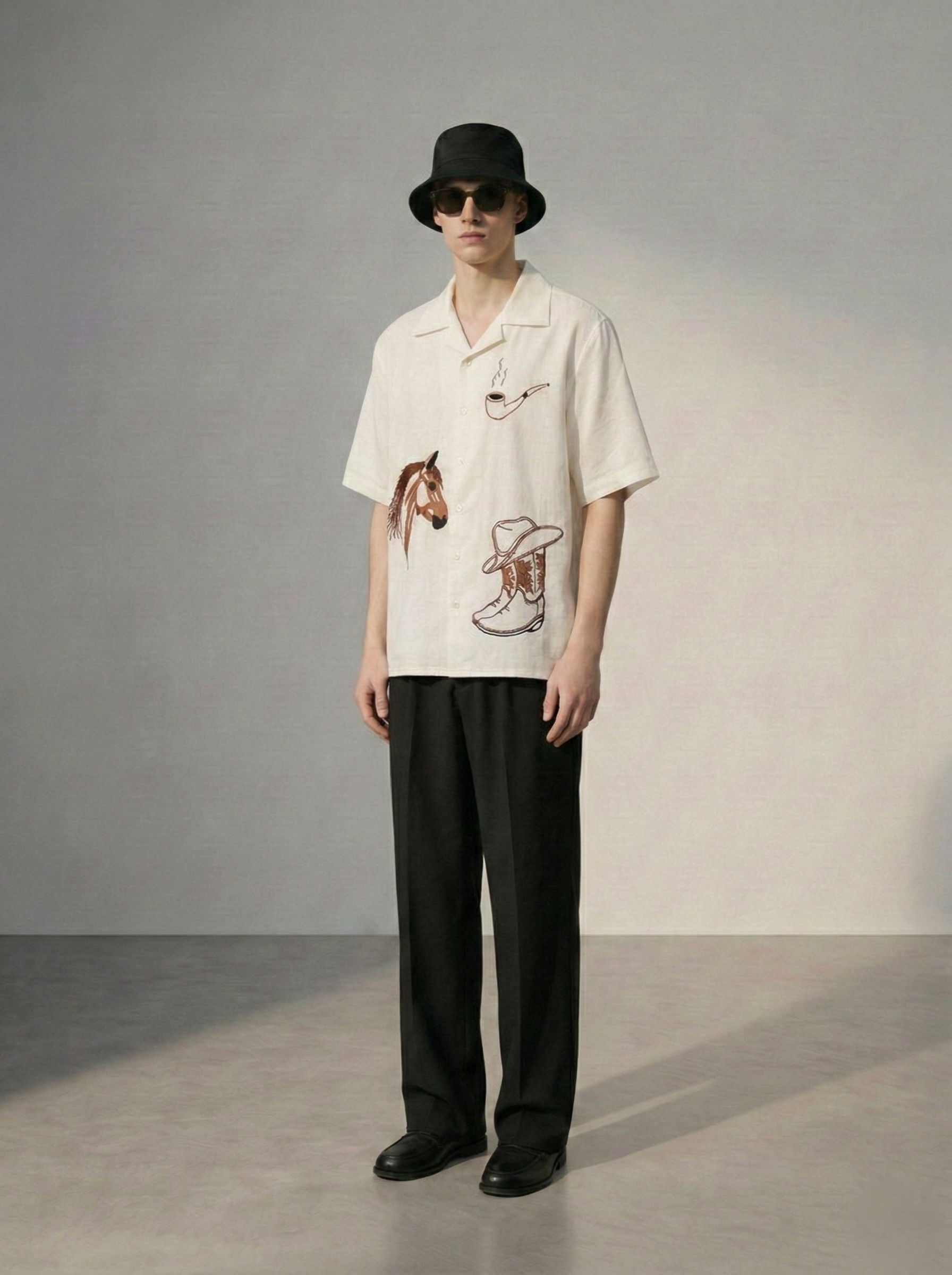 Mens western style embroidered Cuban collar shirt with cowboy themed design, breathable linen shirt for beach vacation and summer outfits