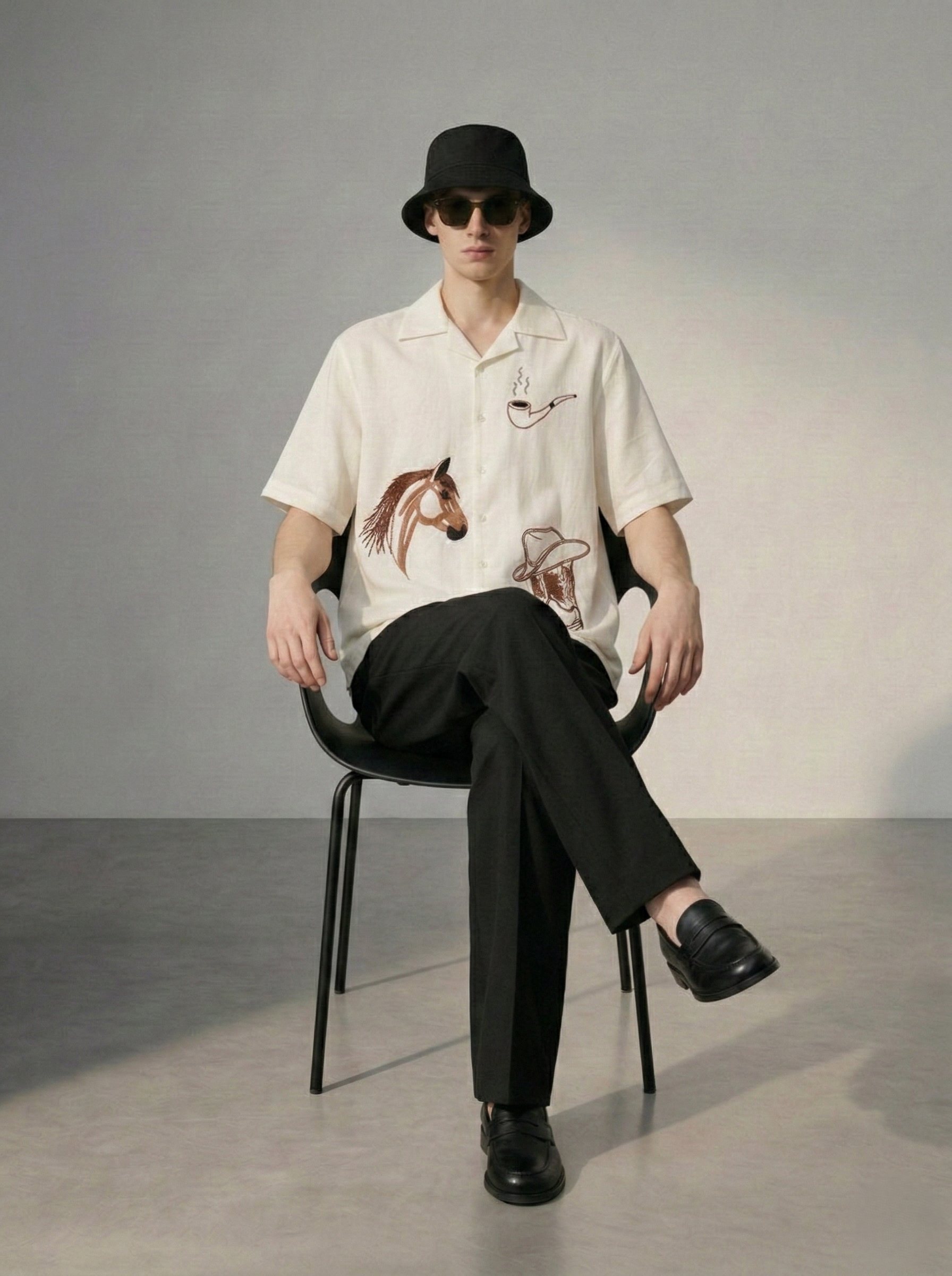 Mens luxury western embroidered shirt with Cuban collar, statement outfit featuring cowboy design, premium resort wear for modern fashion styling