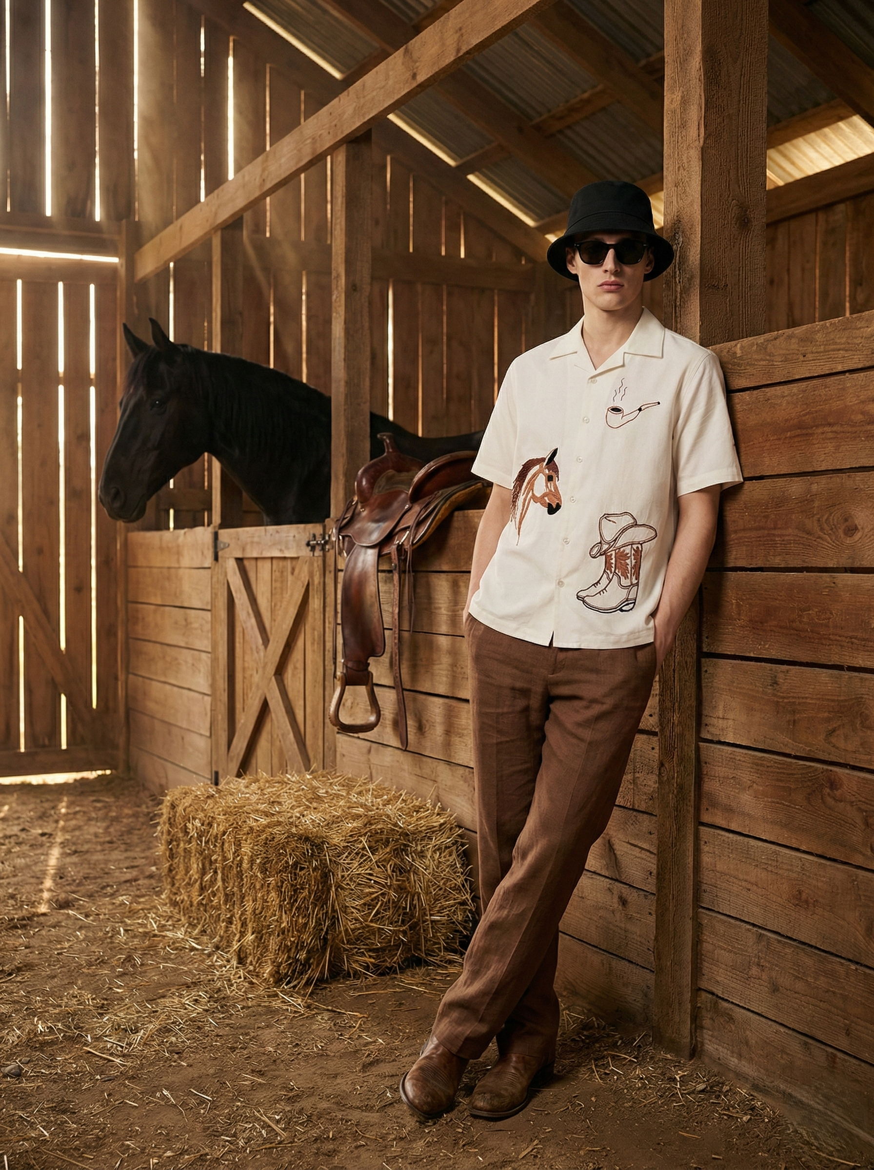 Mens western embroidered shirt with cowboy theme worn in rustic barn setting, linen Cuban collar shirt for ranch style, country fashion and summer outfit