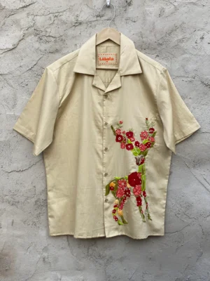 “Le Blooming Deer Shirt – hand embroidered cotton shirt with floral deer art”