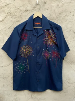 Hand embroidered navy blue cotton shirt with colorful fireworks design and bead thread work