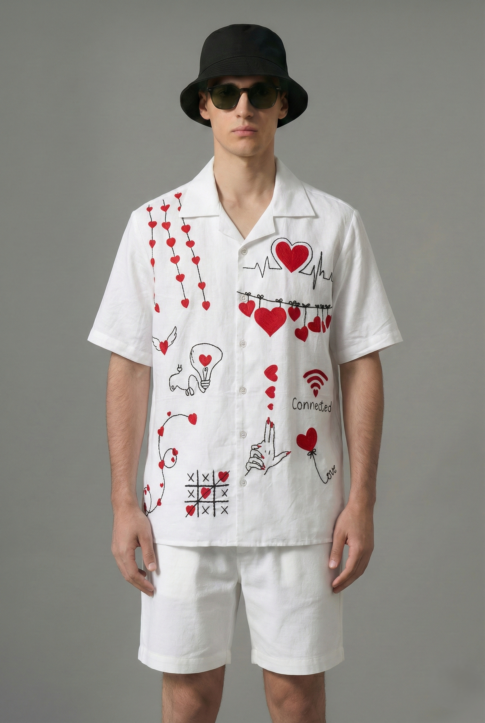 mens white embroidered shirt with red heart design, cuban collar cotton linen shirt, handmade summer beach shirt for men, resort wear outfit USA