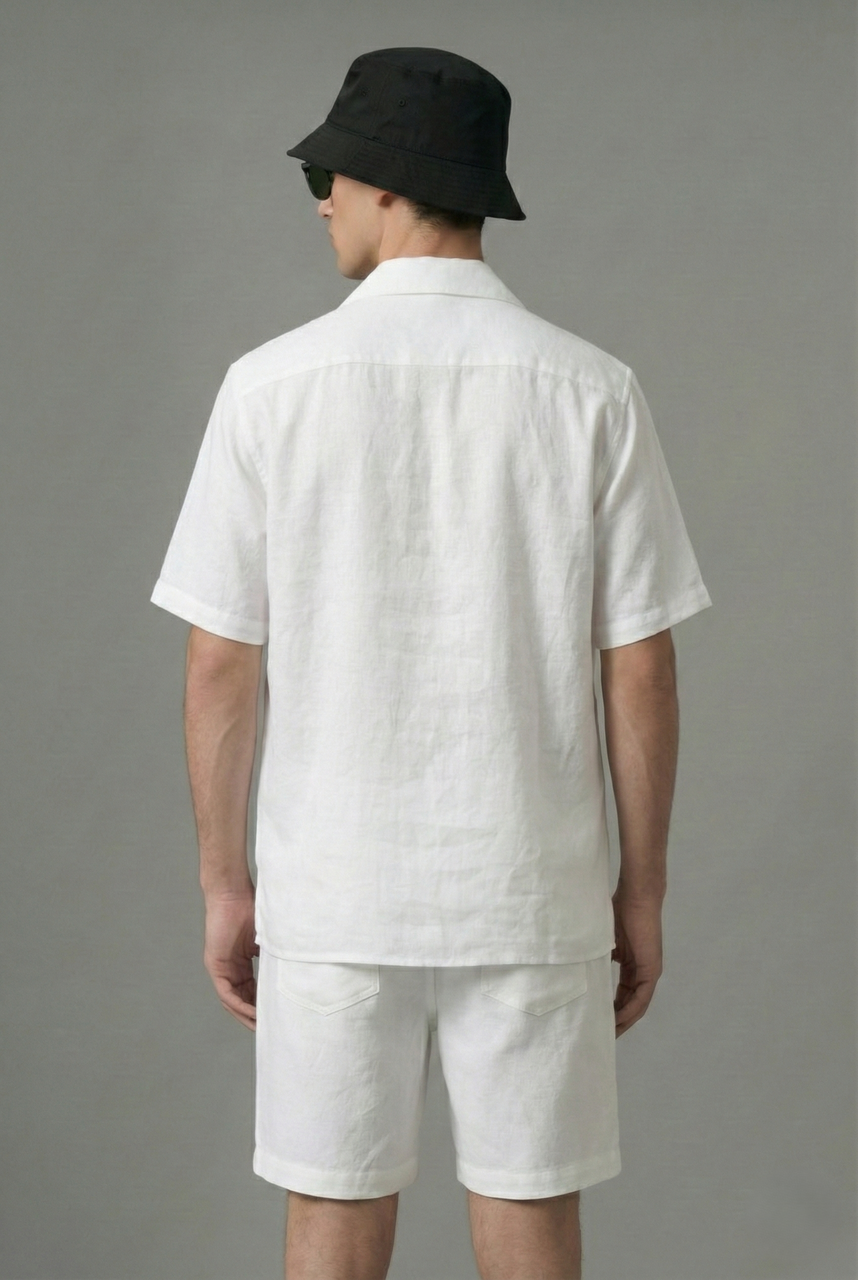 mens white cotton linen shirt back view, minimal plain cuban collar summer shirt, breathable lightweight beach outfit for men USA