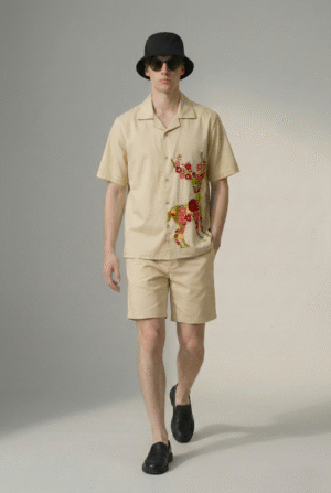 mens beige embroidered cuban collar shirt with floral deer design, cotton matching shorts set, luxury handmade summer outfit men USA