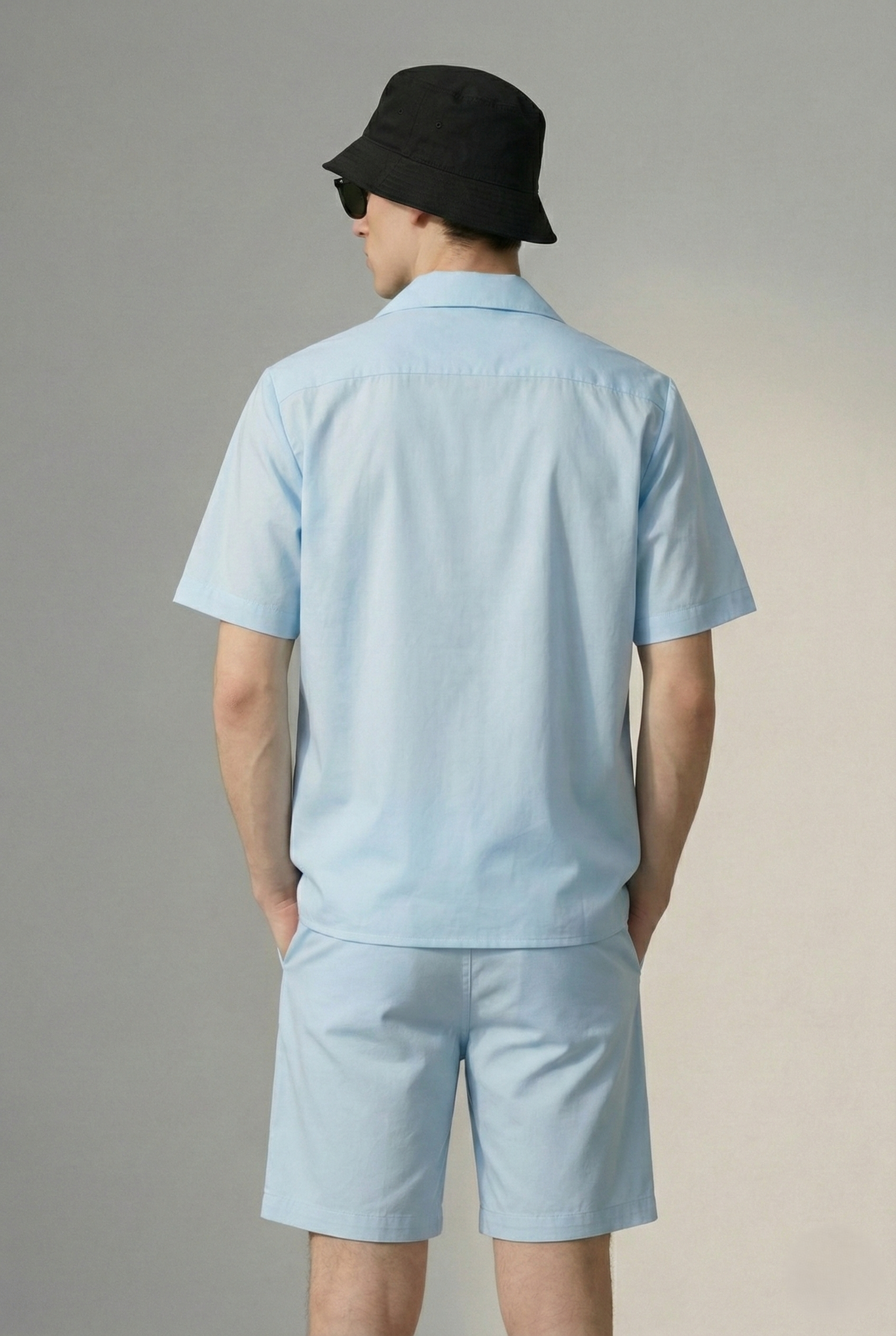 mens light blue cotton cuban collar shirt back view, minimal plain breathable summer shirt men USA fashion