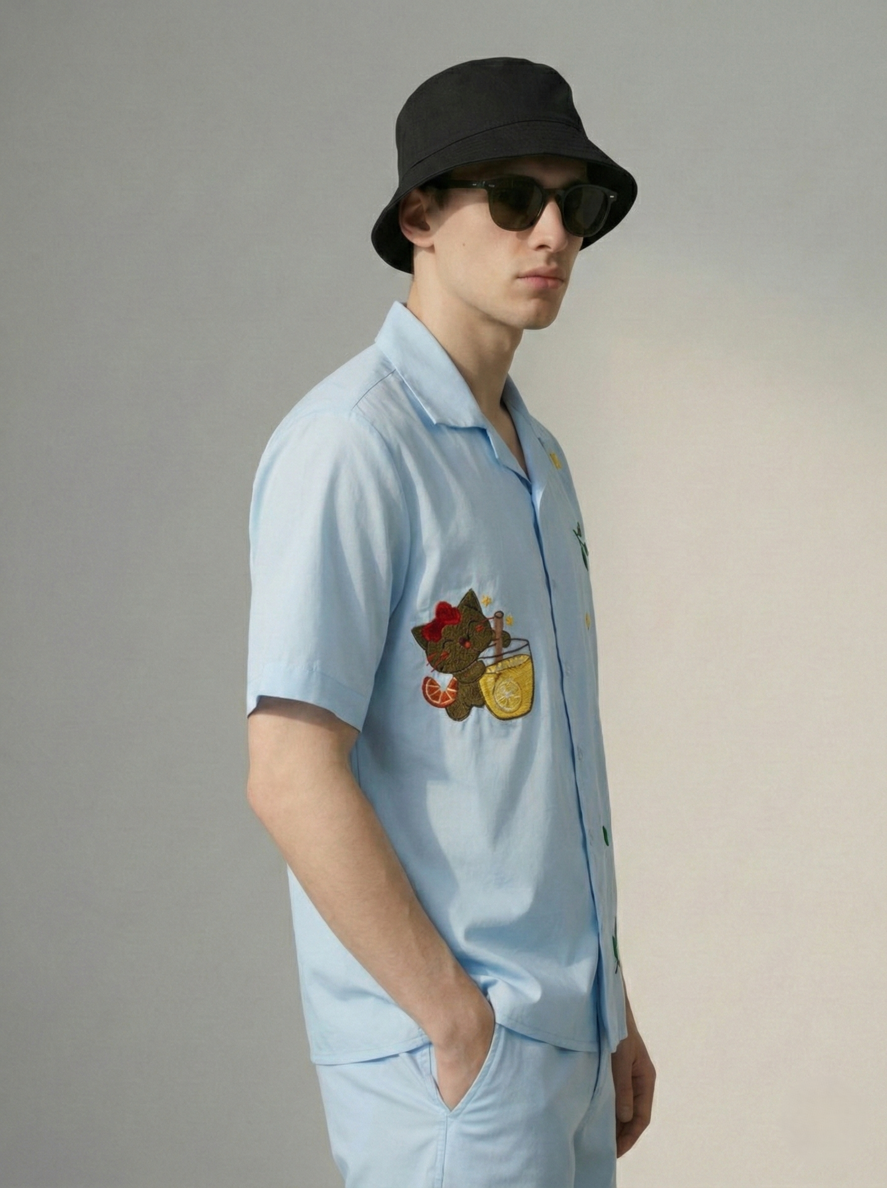 Le Citrus Cat Cuban Collar Shirt – 100% Cotton Handmade Embroidered Shirt - Image 4