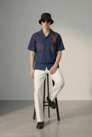 mens navy blue embroidered fireworks shirt sitting pose, luxury handmade cuban collar party shirt men USA