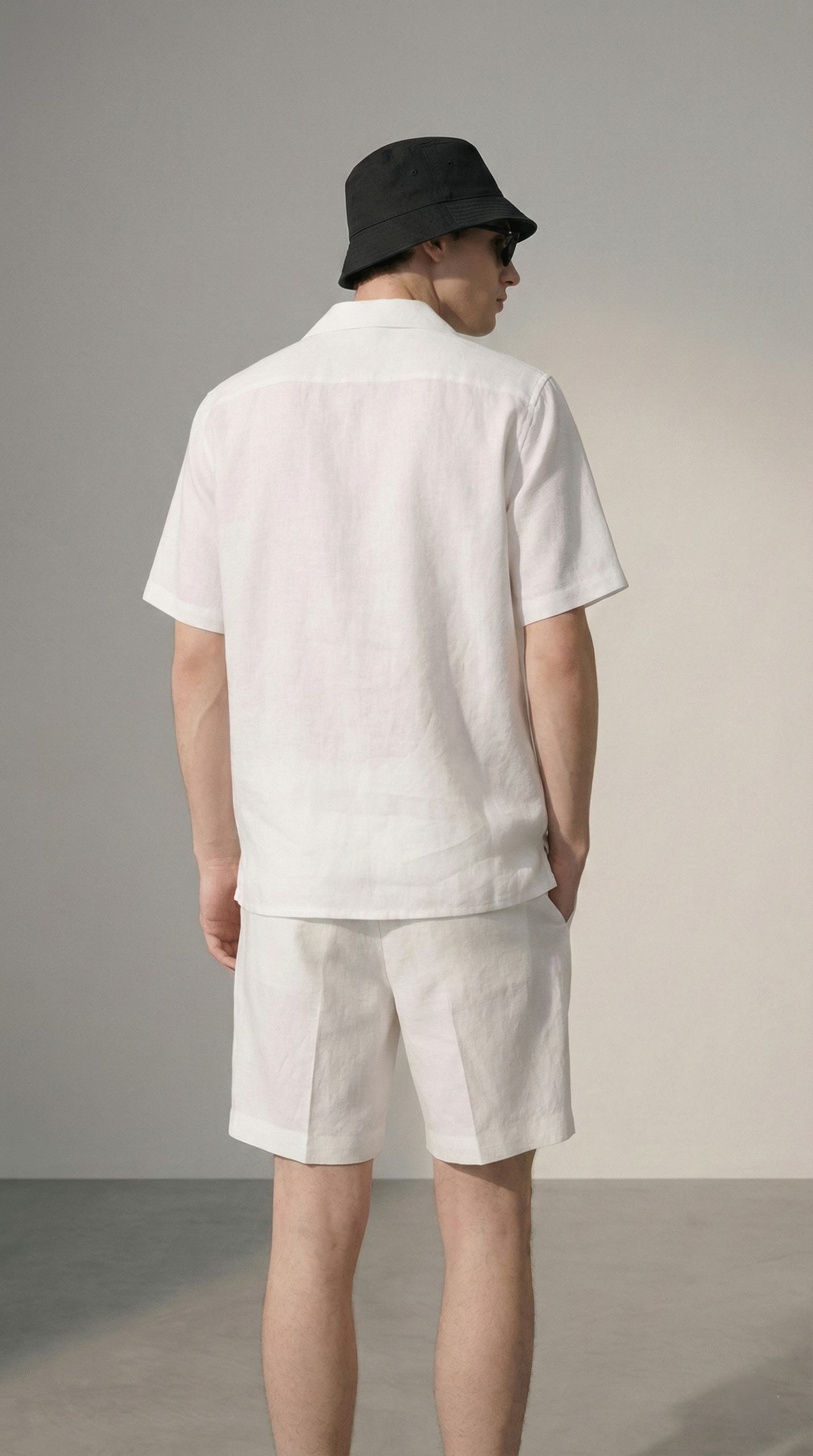 mens white cotton linen shirt back view minimal cuban collar shirt, breathable summer holiday outfit men USA