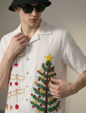 mens white christmas embroidered shirt close up, handmade christmas tree embroidery cotton linen cuban collar shirt festive outfit men USA