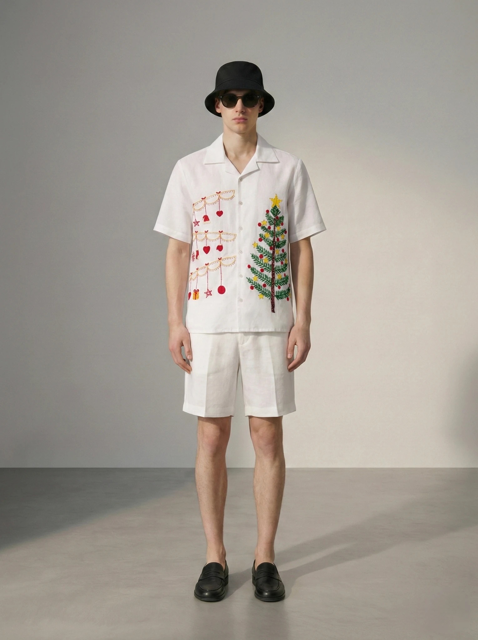Hand-Embroidered-Christmas-Shirt-Cotton-Cuban-Collar-Gift for him-front 2