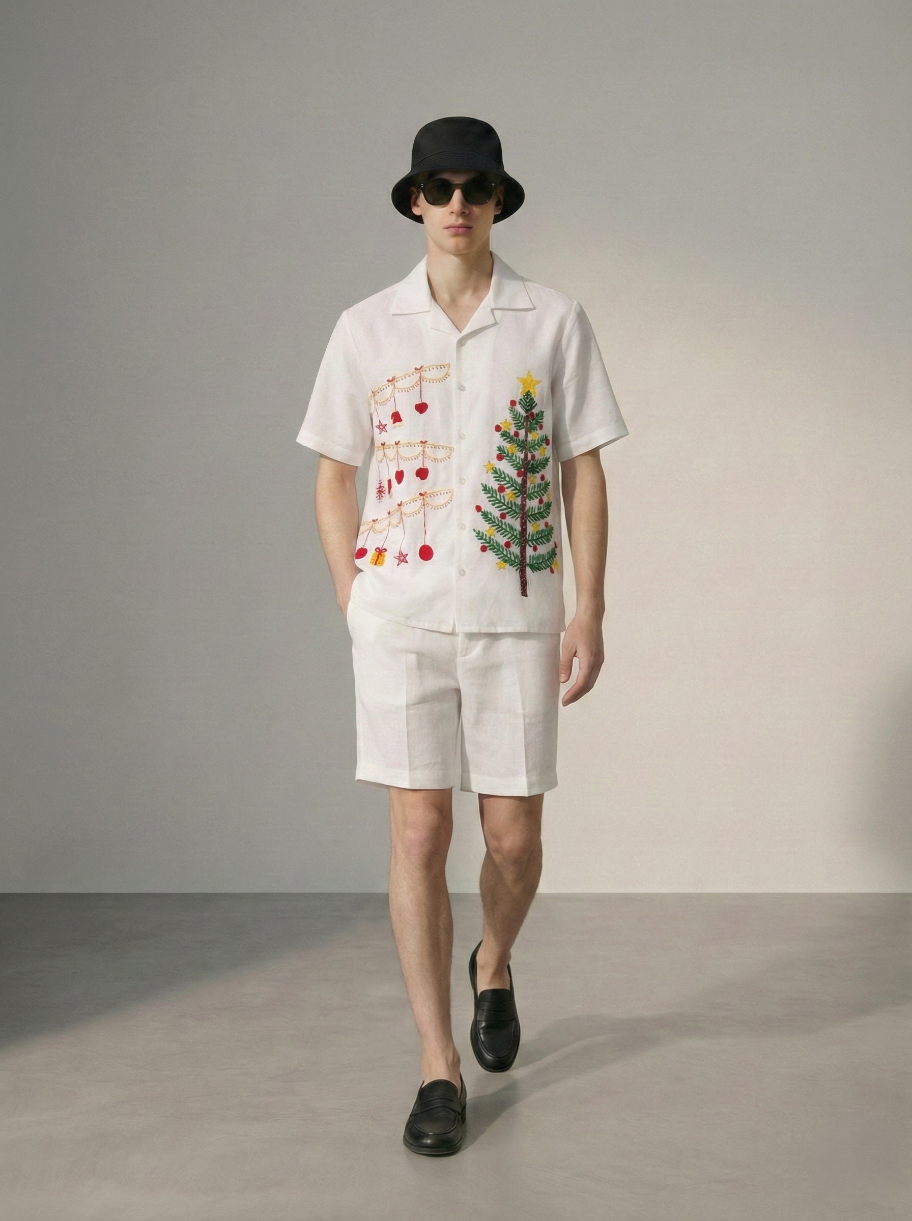 mens christmas outfit walking shot, white embroidered cuban collar shirt cotton linen festive holiday fashion men USA