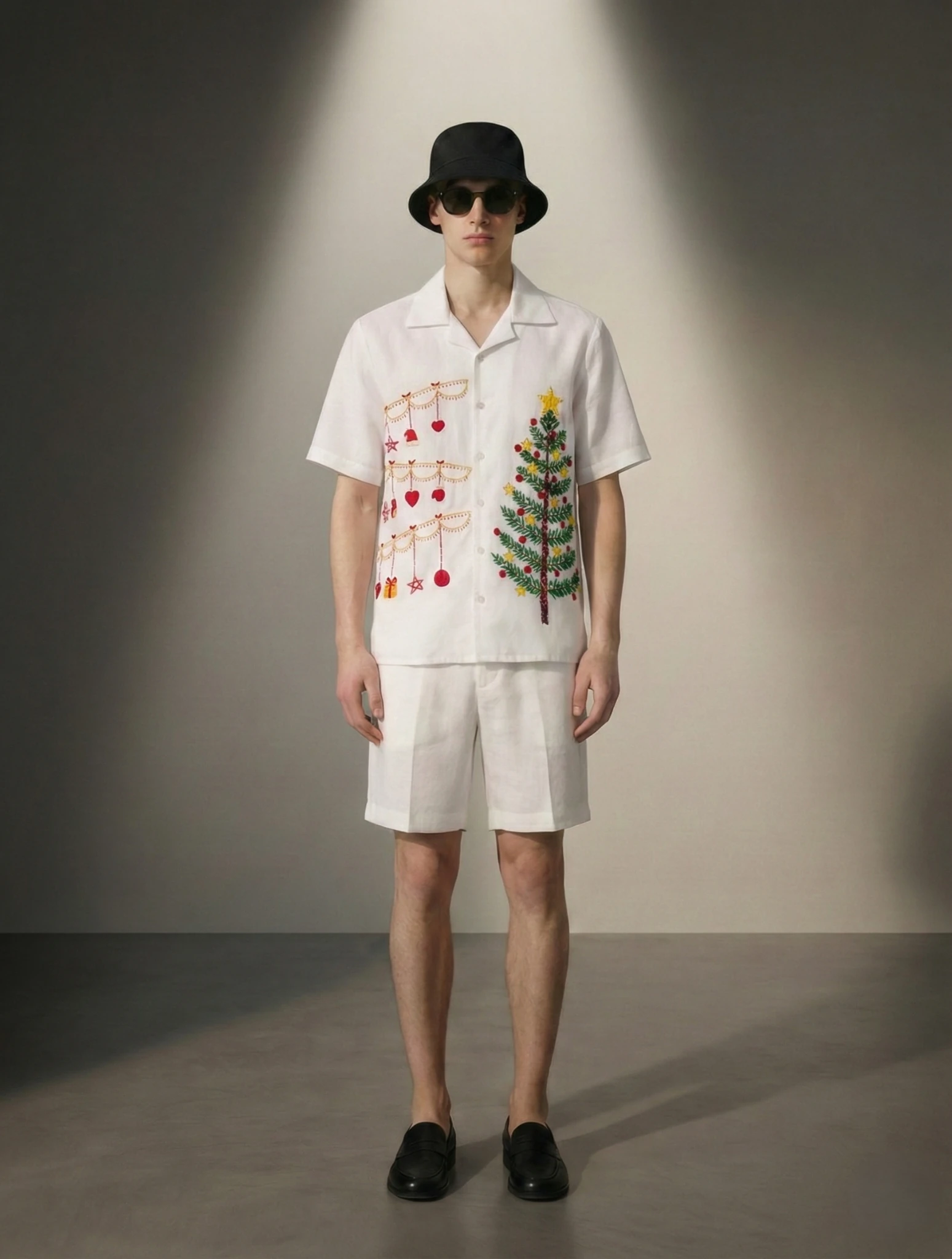 Hand-Embroidered-Christmas-Shirt-Cotton-Cuban-Collar-Gift for him-front3