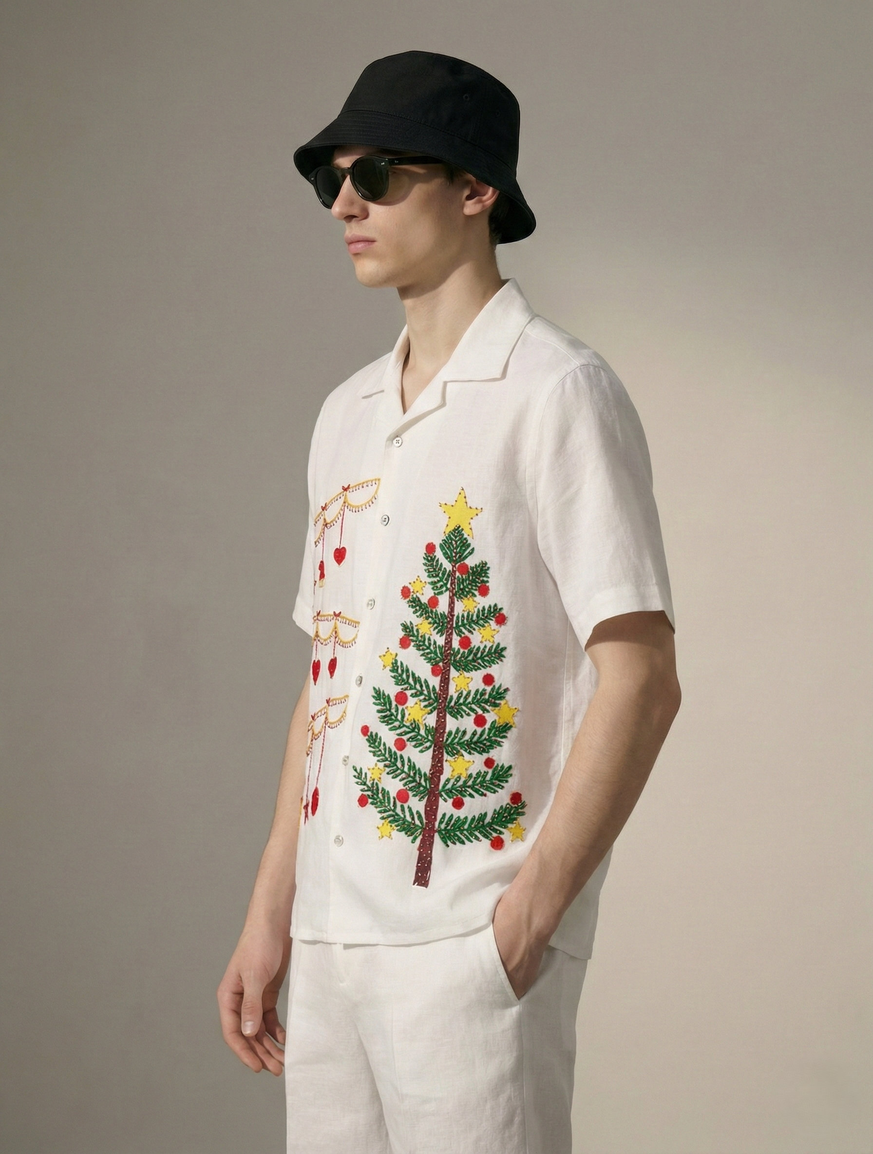 mens christmas shirt side view white cuban collar shirt with handmade embroidery, holiday outfit men breathable cotton linen USA