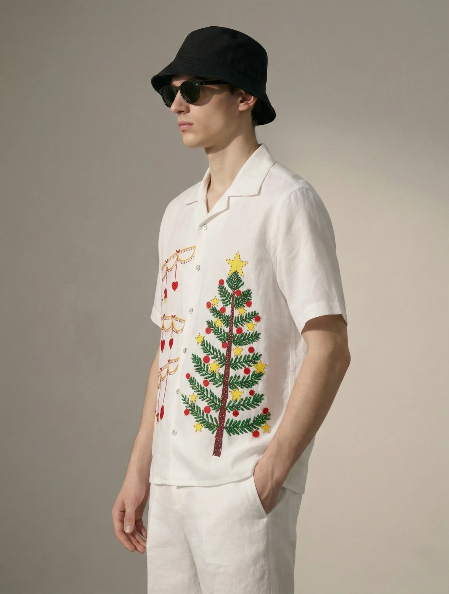 Hand-Embroidered-Christmas-Shirt-Cotton-Cuban-Collar-Gift for him-side