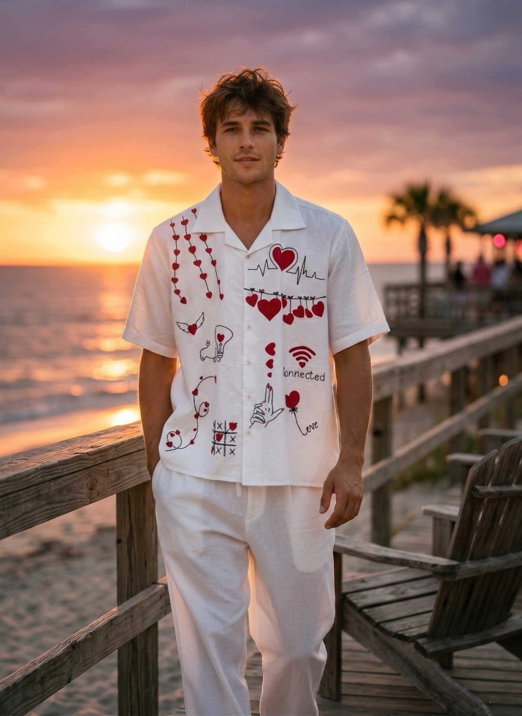 mens white embroidered shirt with red heart design, cuban collar cotton linen shirt, handmade summer beach shirt for men, resort wear outfit USA