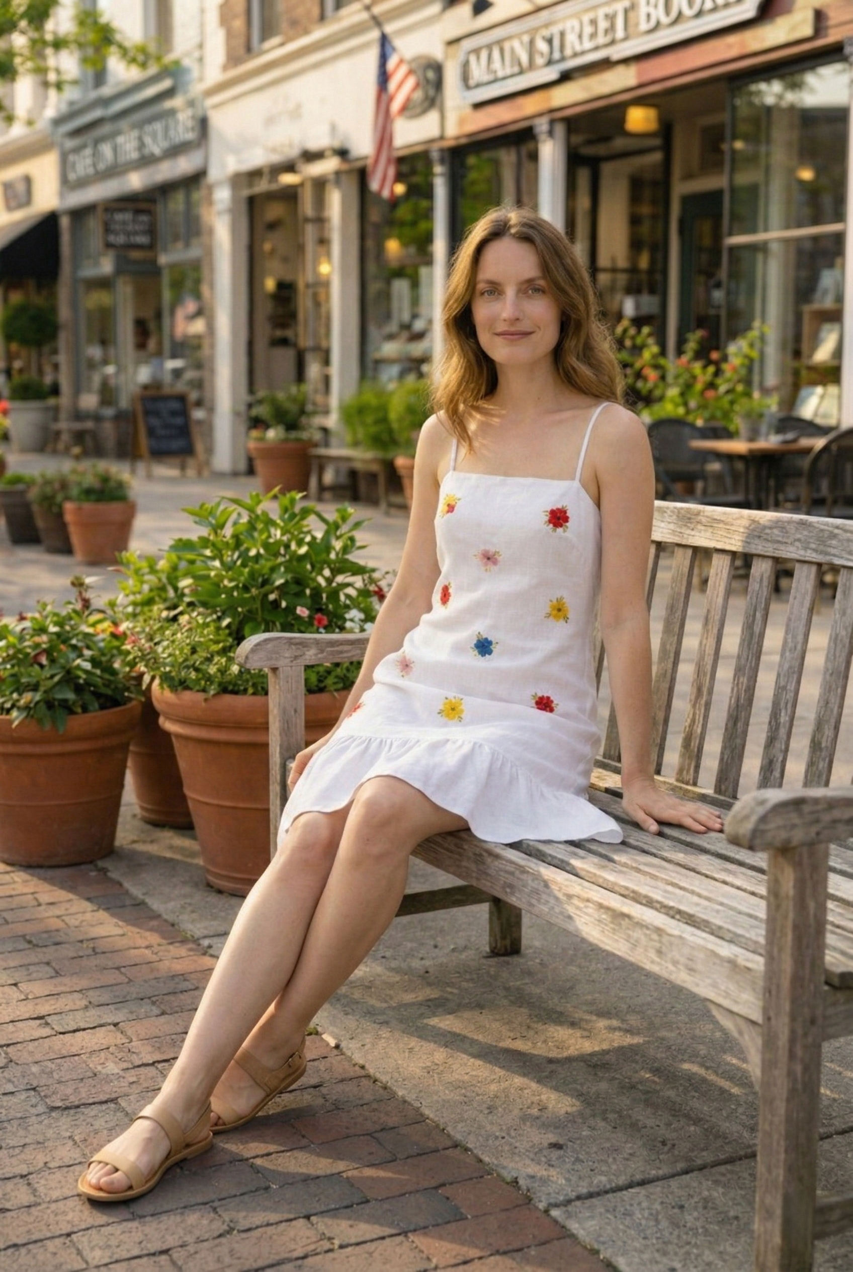 Women wearing white floral embroidered slip dress sitting outdoor bench summer outfit