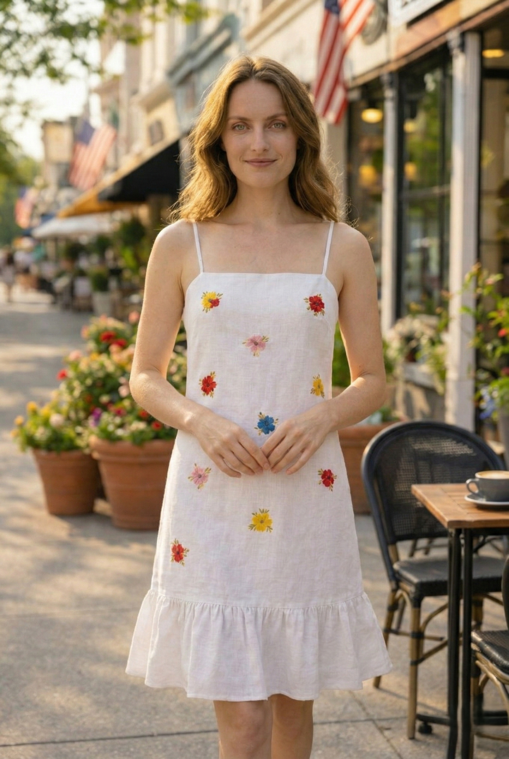 Front pose white floral summer dress A line silhouette
