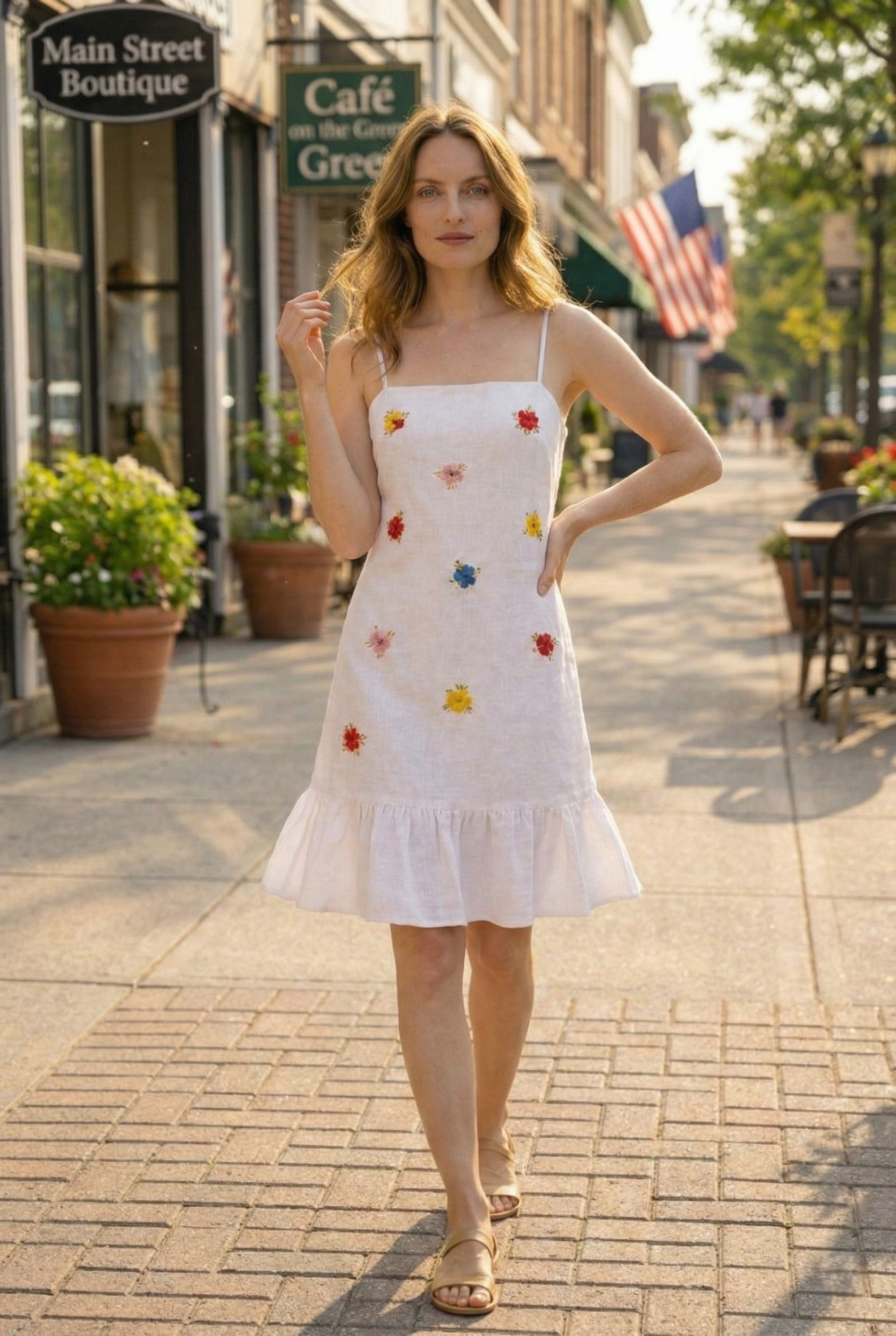 Hand embroidered floral white linen cotton summer dress for women walking street style
