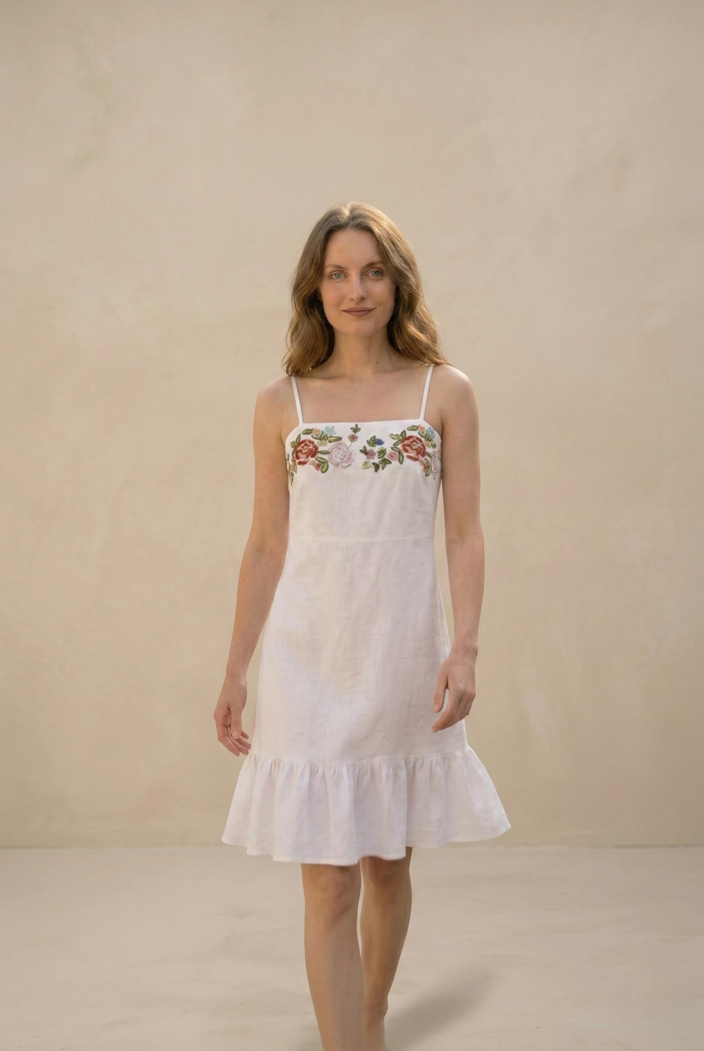 cottagecore linen dress minimal aesthetic walking pose
