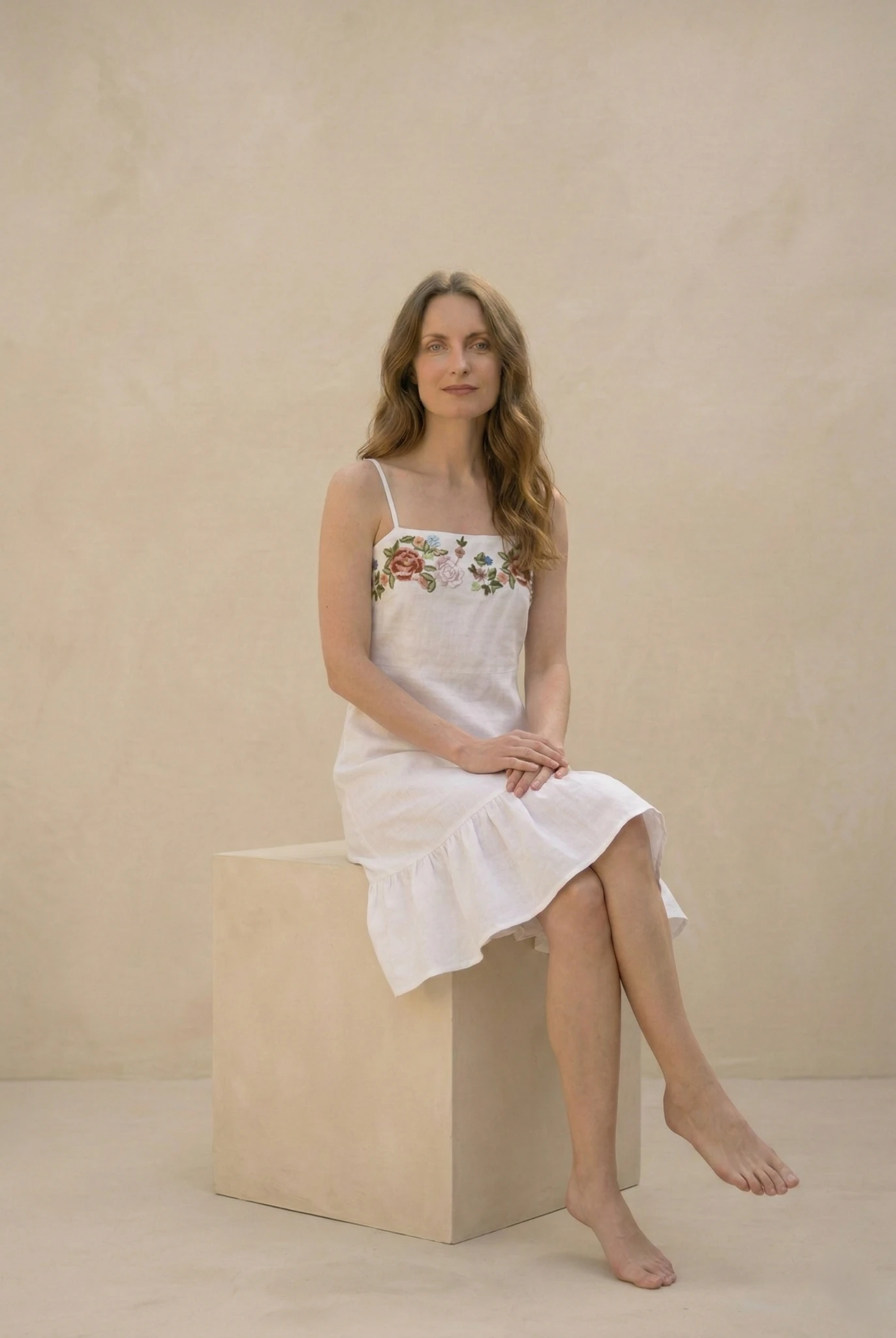 cottagecore linen dress minimal aesthetic seat pose