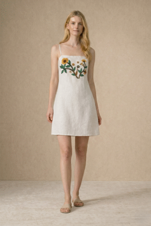 Hand Embroidered Linen Dress – White Floral Summer Dress for Women