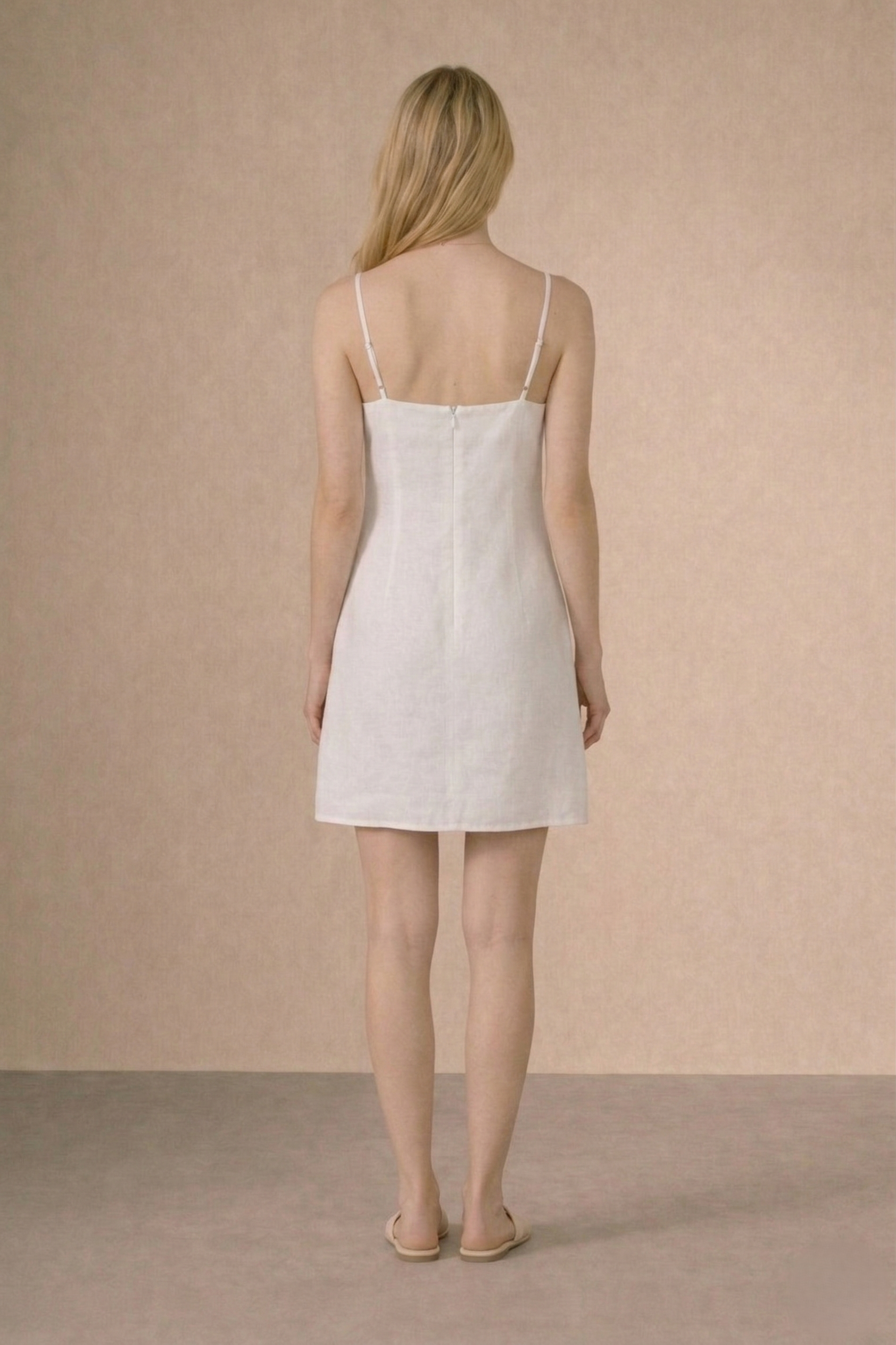 back view white linen embroidered dress spaghetti strap women