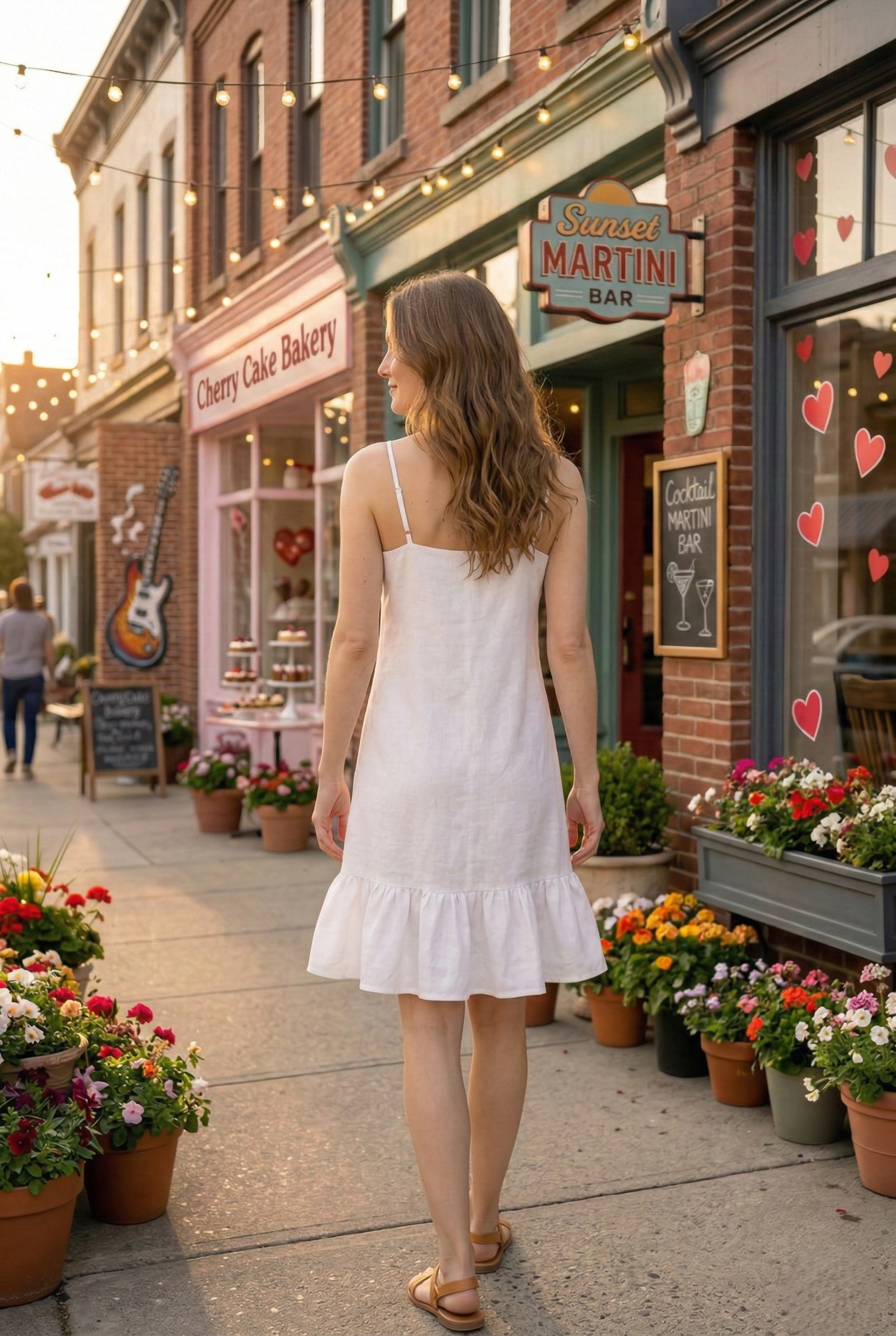 Back view of white linen cotton dress with ruffle hem and adjustable straps