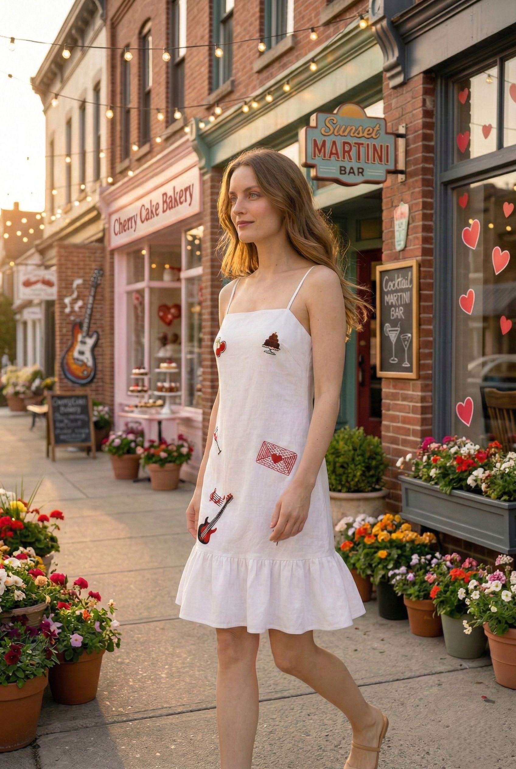 Side view of women wearing white embroidered slip dress lightweight summer outfit