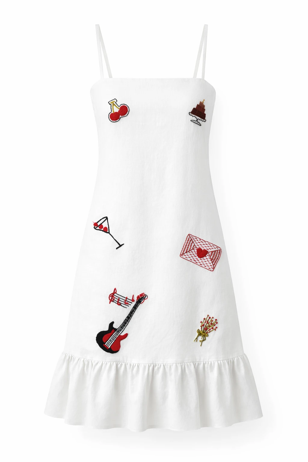 Elegant A-line white dress with hand embroidery and flowy silhouette without model