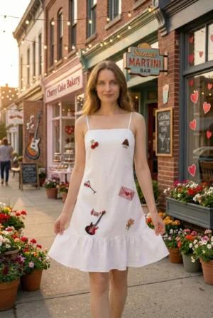 Elegant A-line white dress with hand embroidery and flowy silhouette cafe pose