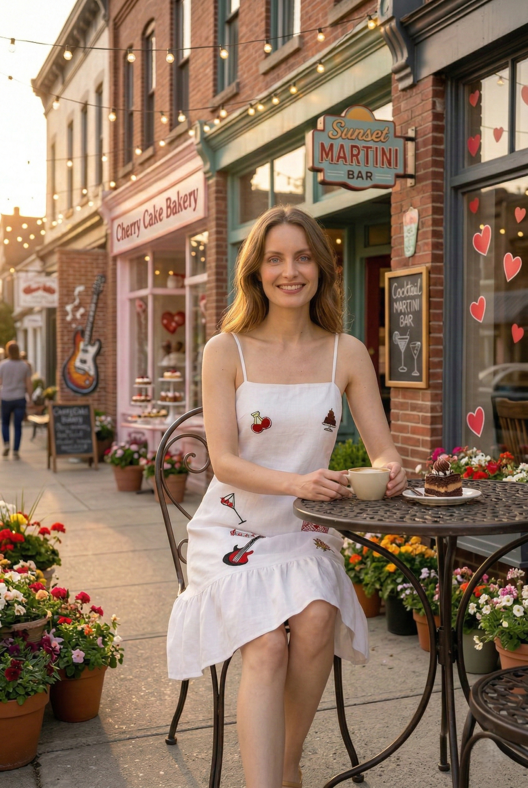 White embroidered summer dress styled in café outdoor setting