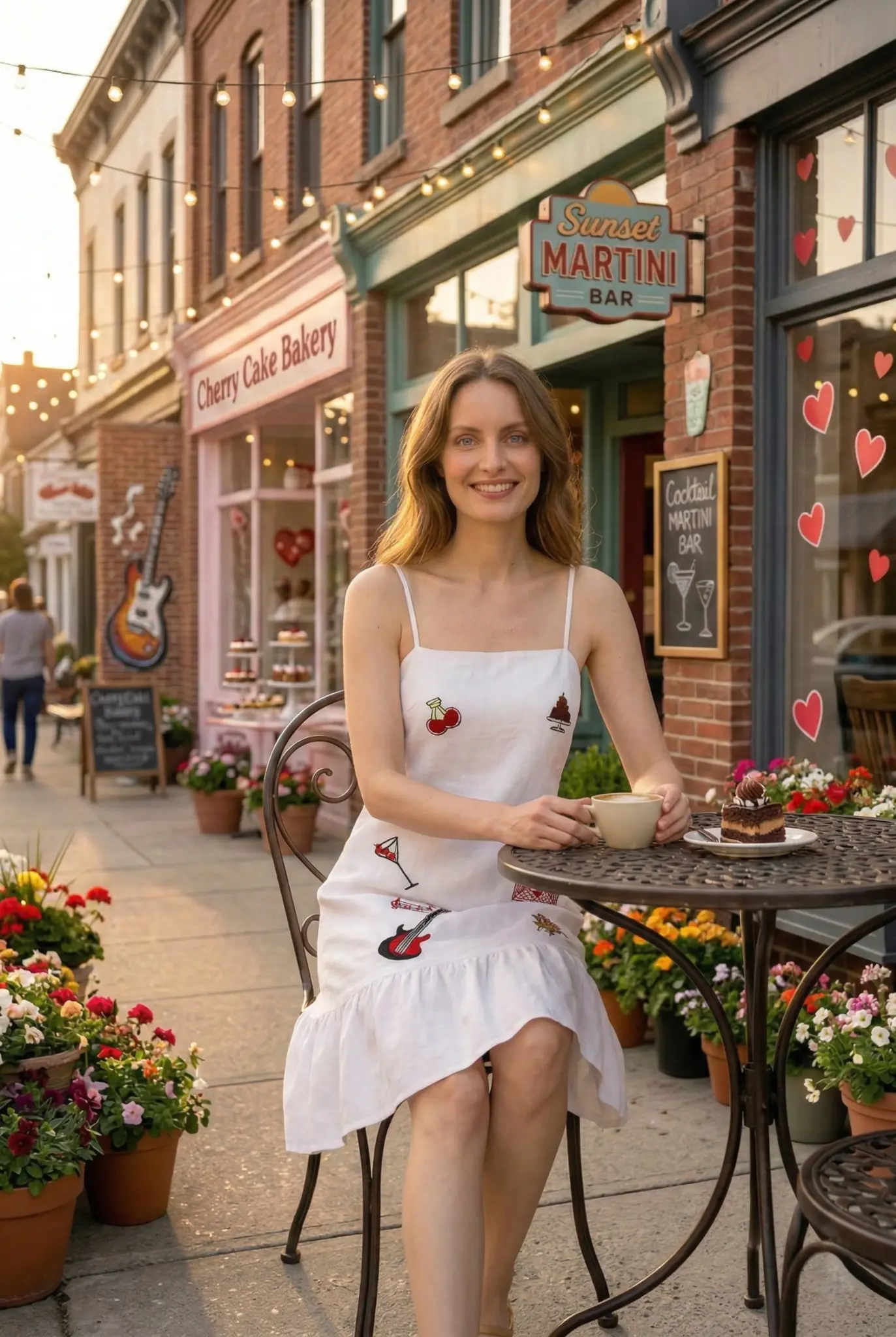 Elegant A-line white dress with hand embroidery and flowy silhouette cafe pose
