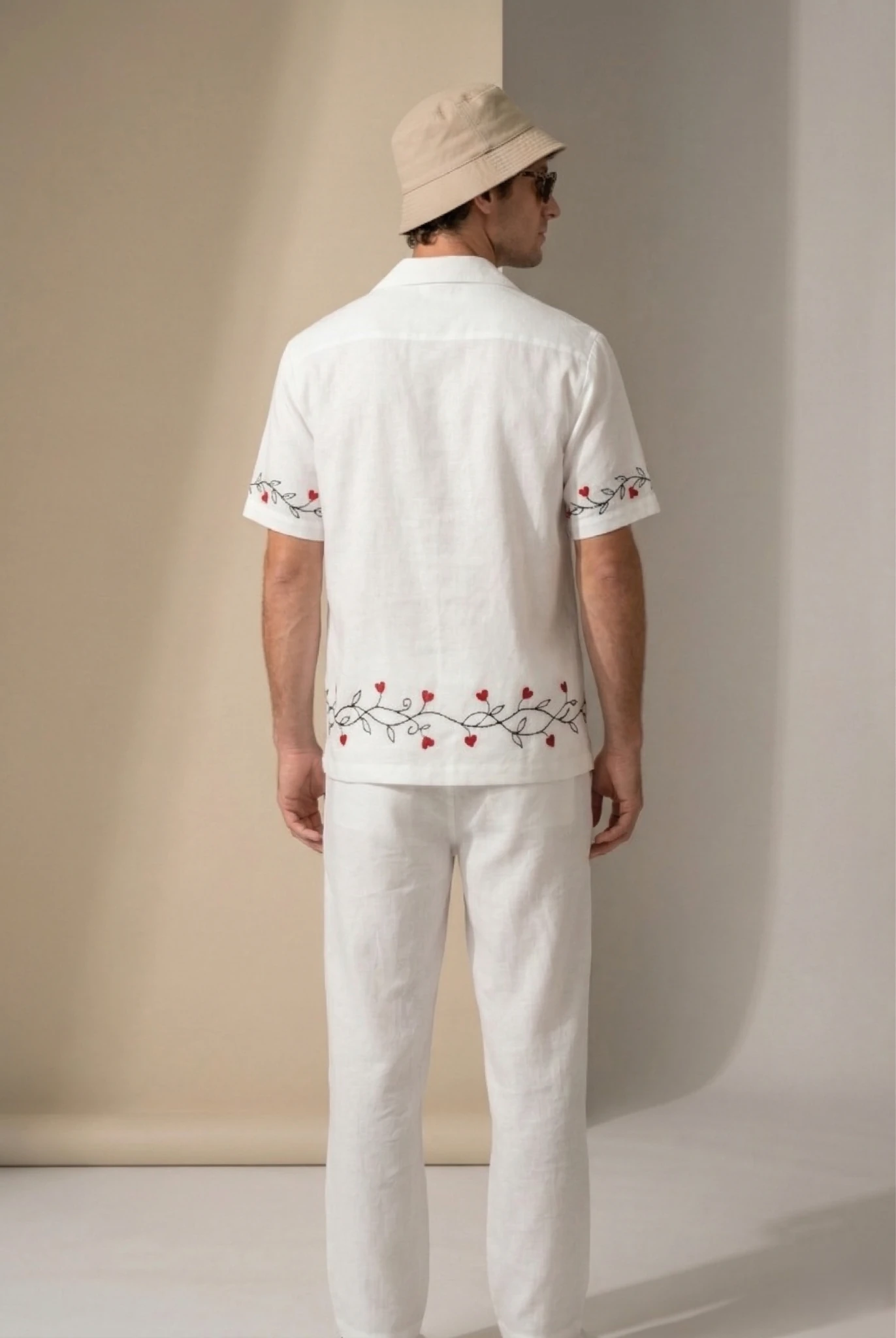 Men white linen shirt back view with hand embroidered red heart vine design, premium cotton linen summer outfit, relaxed fit resort wear set
