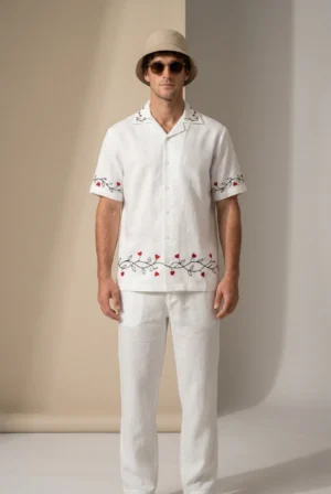 Men white linen embroidered shirt front view with red heart vine design, relaxed fit summer outfit, premium handmade clothing set