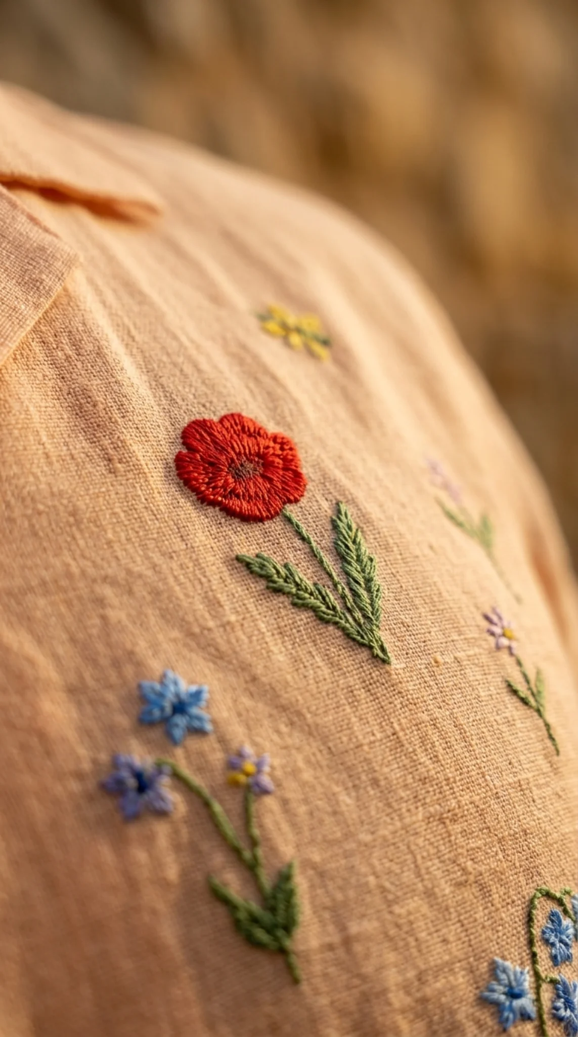 Mens floral embroidered linen Cuban collar shirt peach color summer outfit walking street closeup