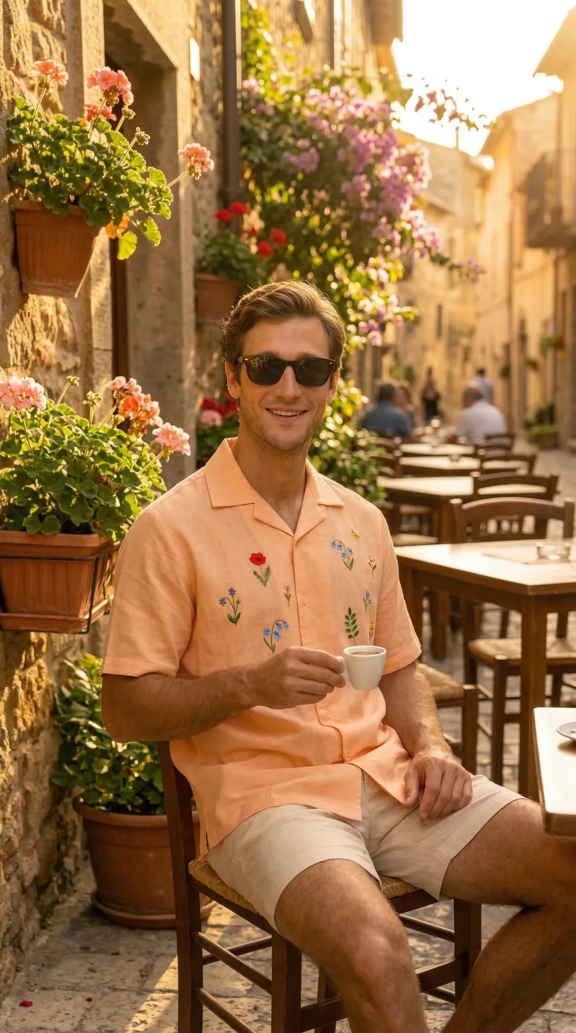 Mens floral embroidered linen Cuban collar shirt peach color summer outfit cafe