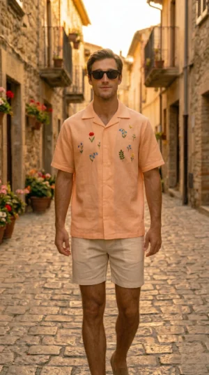 Mens floral embroidered linen Cuban collar shirt peach color summer outfit walking street