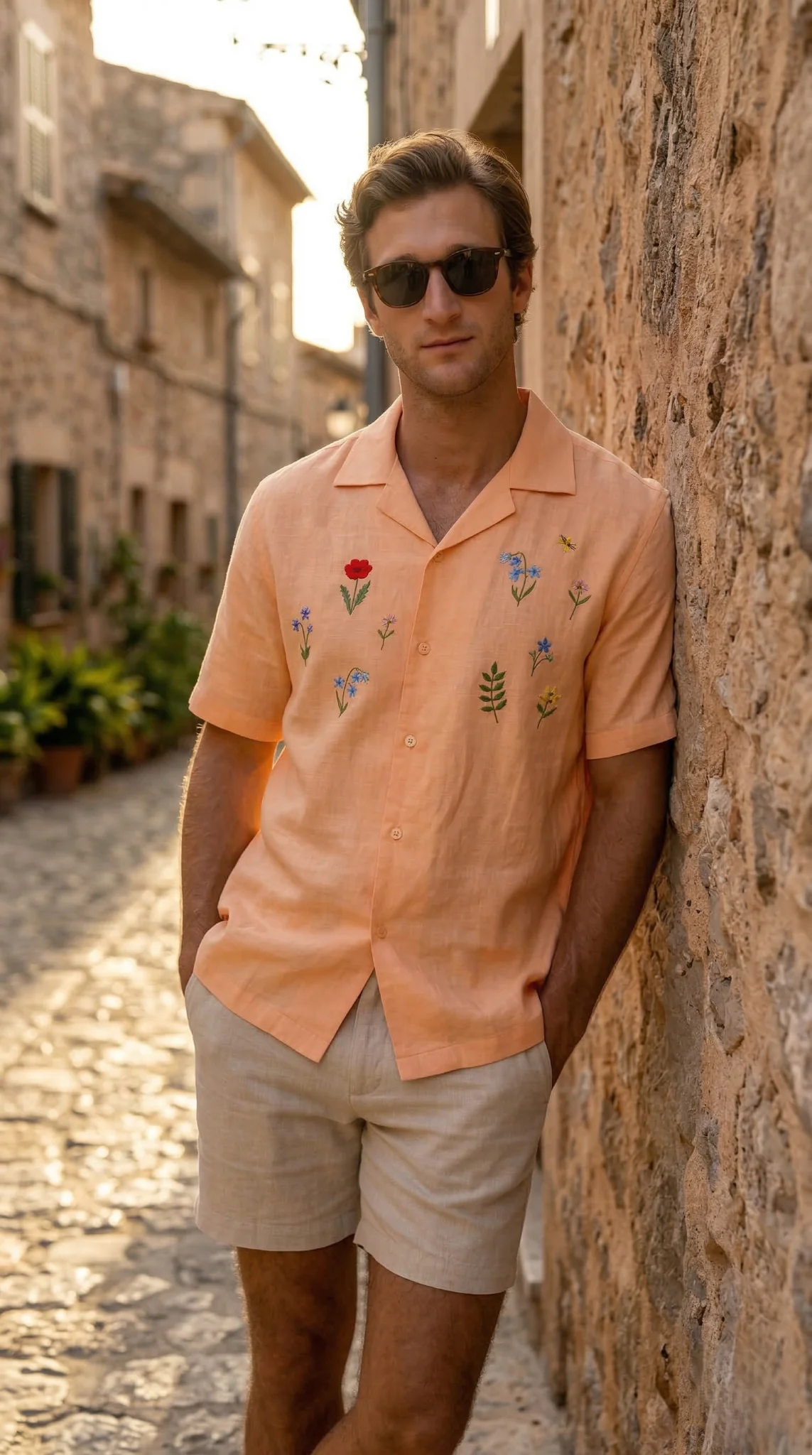 Mens floral embroidered linen Cuban collar shirt peach color summer outfit closeup