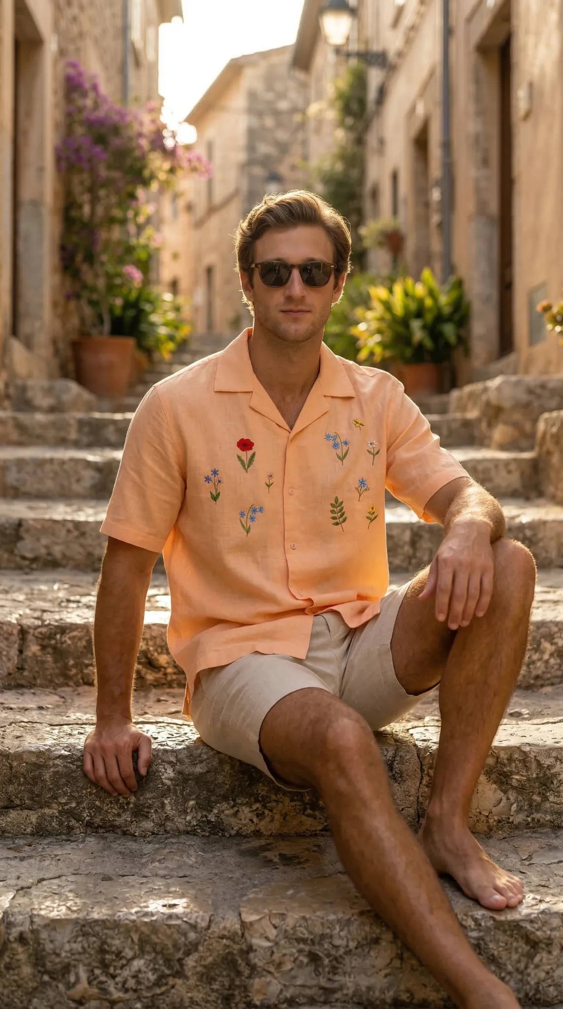 Mens floral embroidered linen Cuban collar shirt peach color summer outfit seat