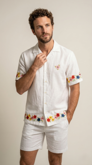 mens floral embroidered linen shirt front view