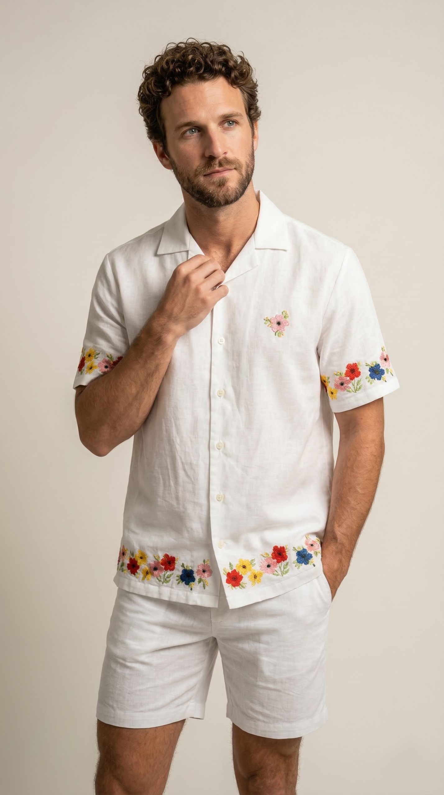 mens floral embroidered linen shirt front view